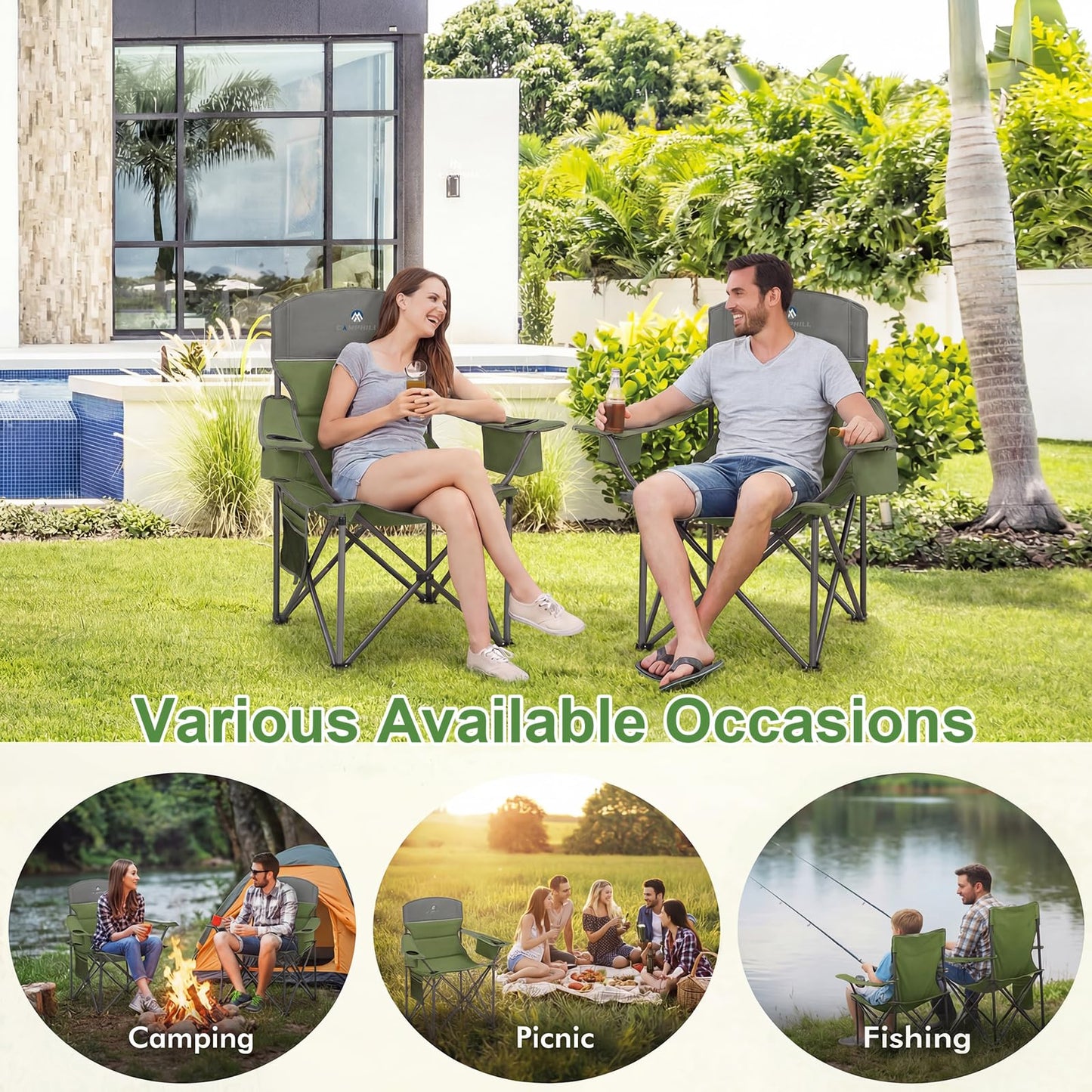CAMPHILL Oversized Camping Chairs 2 Pack - Heavy Duty 400LBS Padded Lawn Chair with Cooler Bag,Cup Holder,Side Pocket,Collapsible for Outdoor,Camp,Fishing & Garden,Olive Green