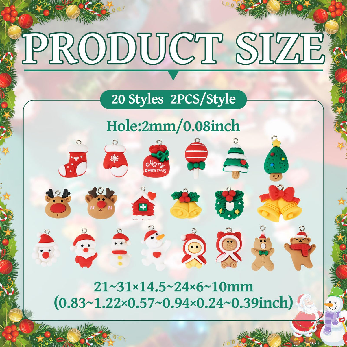 Cheriswelry 40Pcs Christmas Resin Charms for Crafts Santa Claus Snowman Deer Jingle Bell Pendants Ornaments 21-30mm for Xmas Home Party Decoration Necklace Earring Bracelet Making
