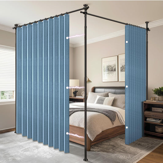 AJAZZ Room Divider Curtain (2 Panels, Blue, W100 x L96 in)+ Tension Curtain Rod No Drilling (H) 43-120×(W) 35-200 in, for Privacy/Soundproof Curtains, Heavy Duty Wall Separator