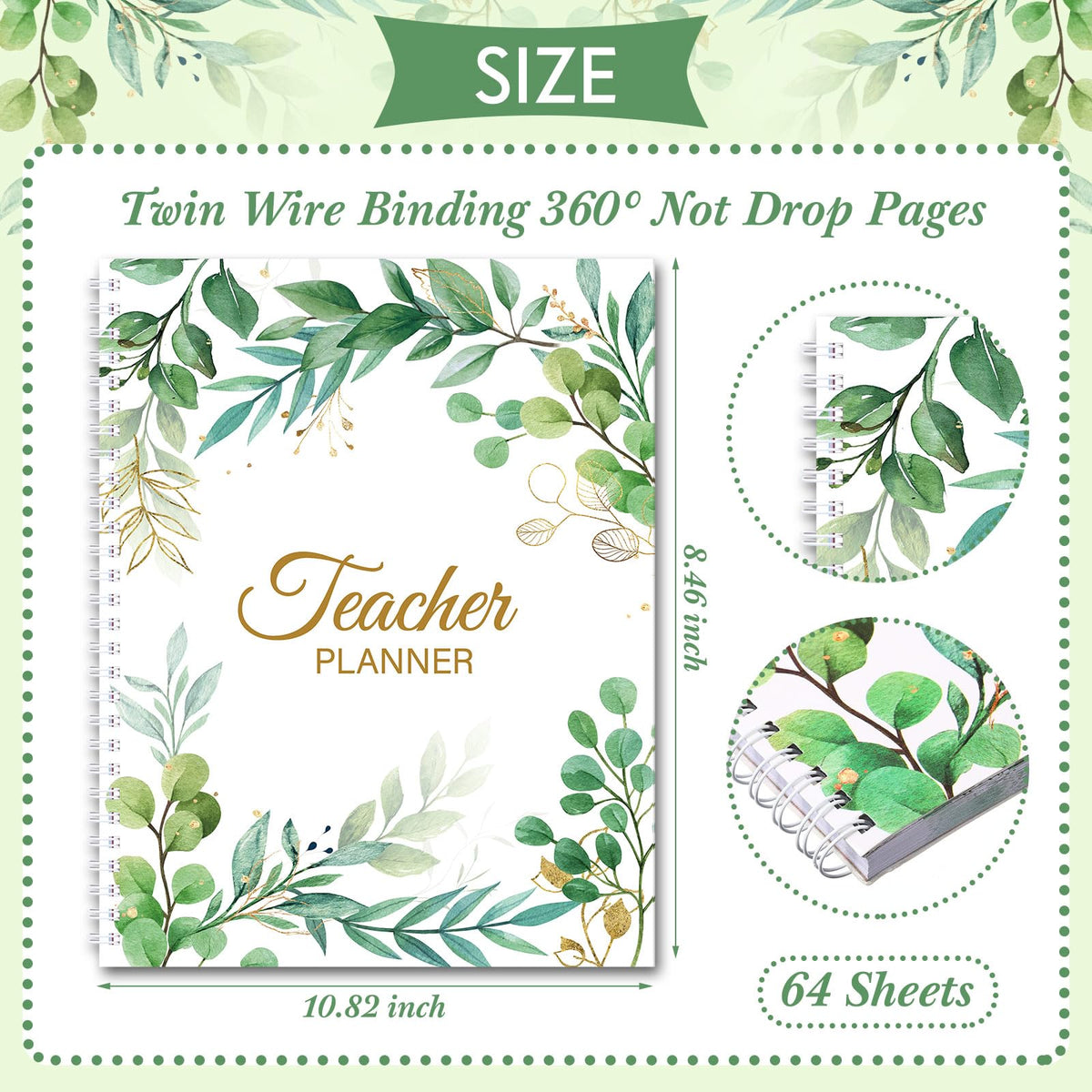 Fuyoooo Eucalyptus Teacher Planner Undated Academic Year Teacher Lesson Planner Book Green Plants Daily Weekly Monthly Spiral Planner Checklist Organizer with Stickers for Classroom, 8.5'' x 11''