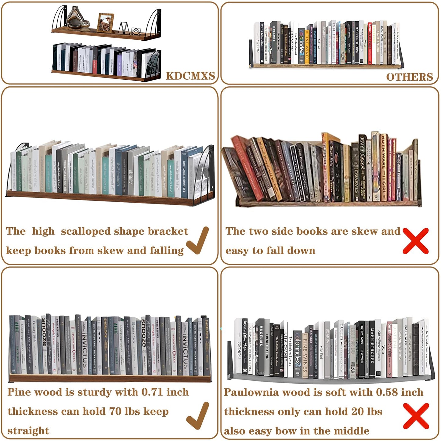 Long 36 inch Rustic Brown Floating Book Shelves for Wall - Curved Fan-Shaped Design with Built-in Anti-Slip Book Stops|0.71" Thick MDF Heavy Duty Floating Bookshelves|Wall Bookshelf for Books Set of 2