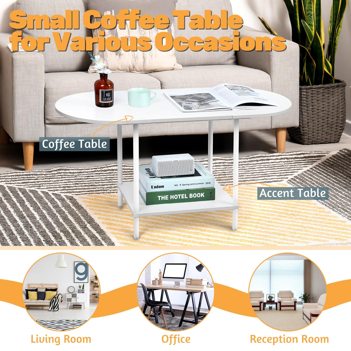 White Coffee Tables for Living Room,2-Tier Small Coffee Table Industrial Modern Oval Center Table with Storage Shelf and Wood Tabletop,for Small Space,Home Office