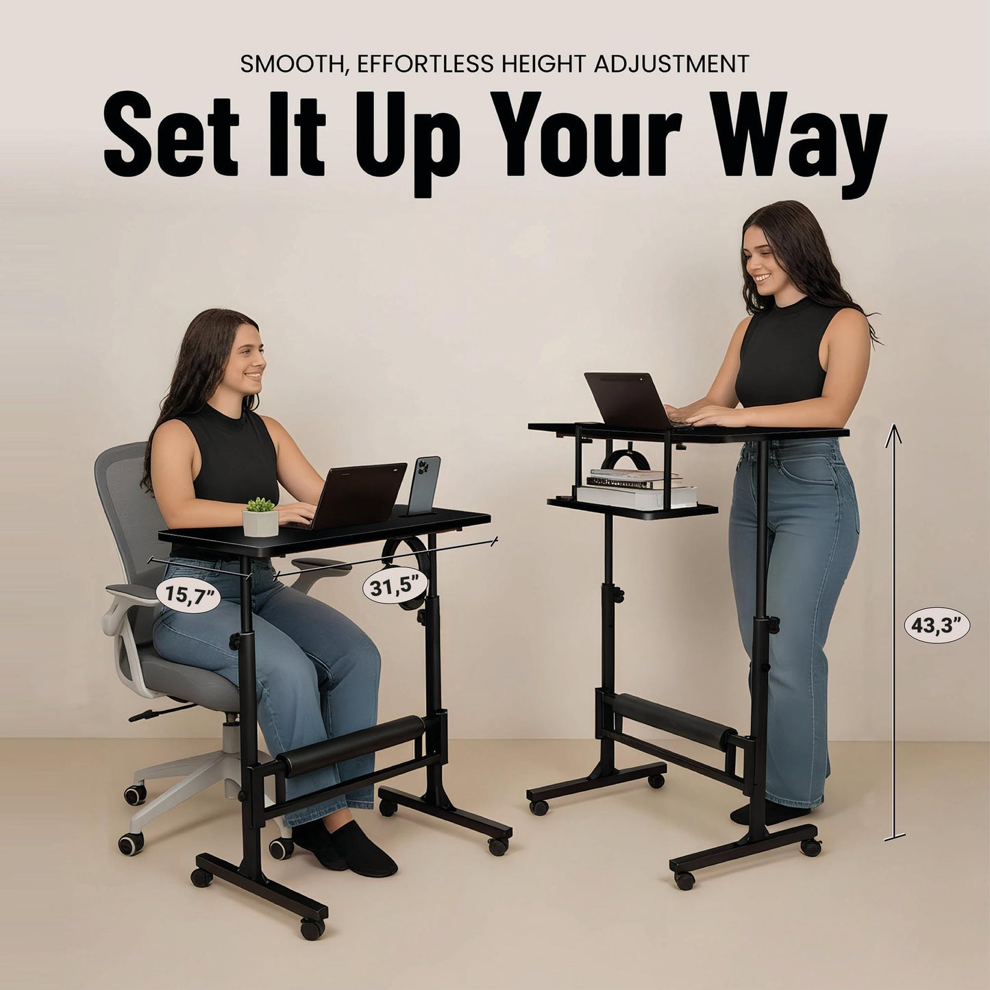 Model 2026 Adjustable Height Rolling Desk With Wheels Portable Compact Laptop Table Mobile Workstation For Study Office Small Space Standing Desk Ergonomic Writing Surface Modern Home Furniture Black