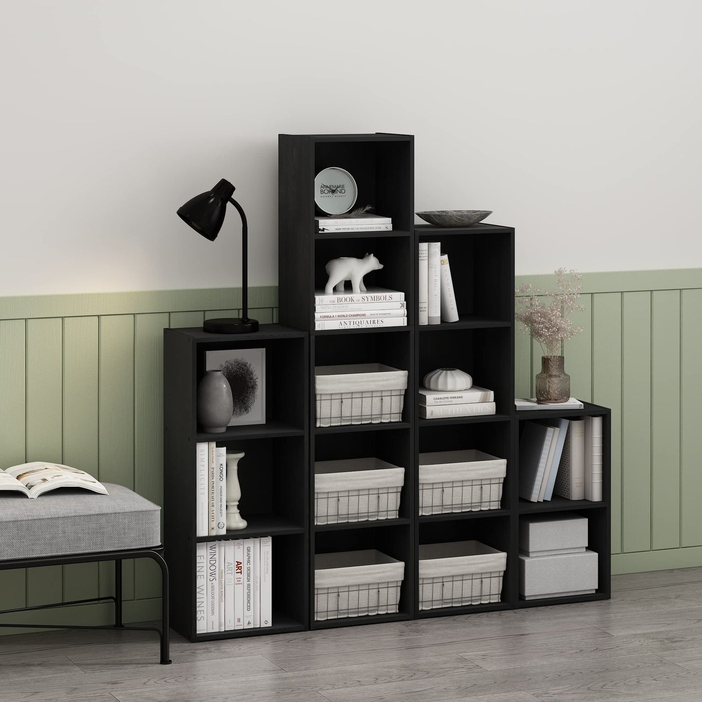 Furinno PASIR Book Shelf, 2-Tier Modern Bookshelf, Open Shelves Cube Bookcase, 9 x 12 x 21, Easy Assembly, Closed Back, for Living Room, Bedroom, Home Office, Darkwood