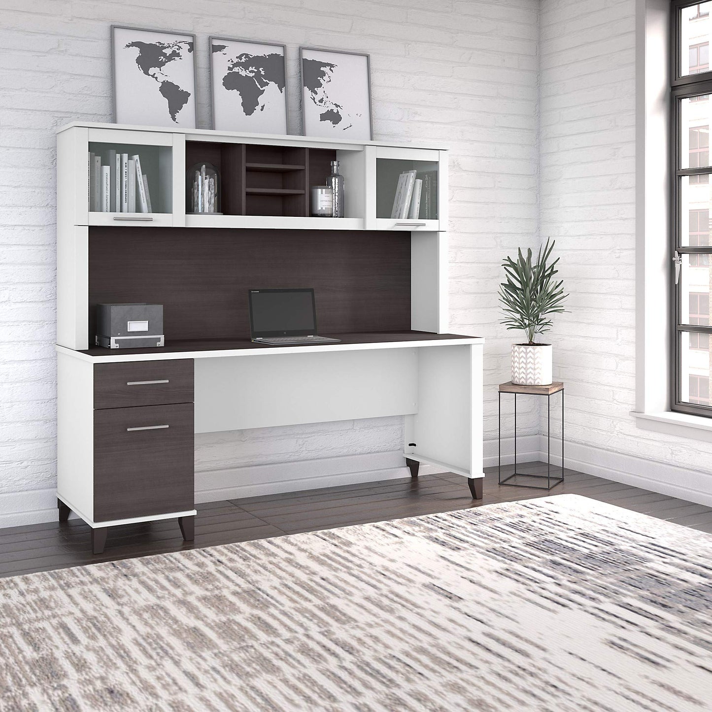 Bush Home 72-Inch Office Desk with Drawers and Hutch, Computer Desk with File and Box Drawers, Shelves and Storage Cabinet, Home Office Workstation, Somerset Collection, Storm Gray and White