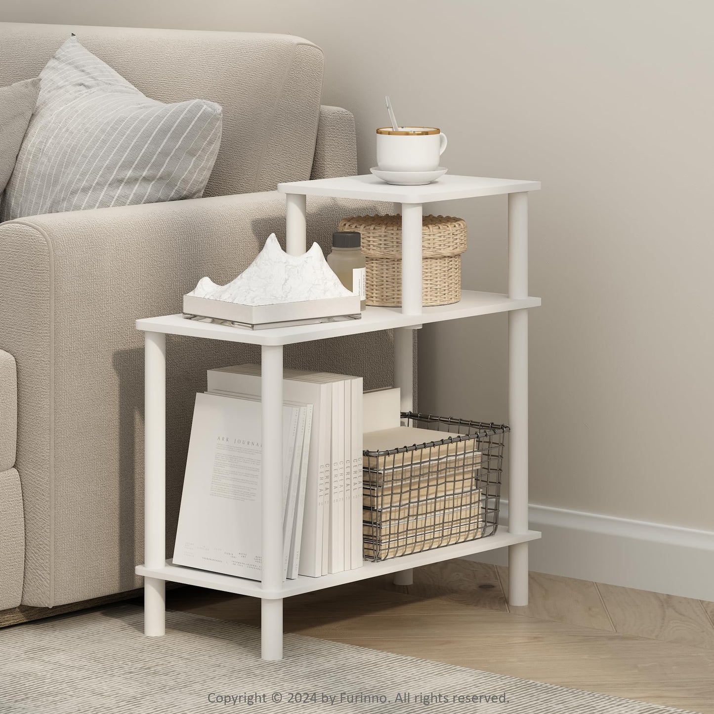 Furinno Turn-N-Tube Side Table, 3-Tier Rectangle Sofa End Table with Open Shelf, Toolless Assembly Night Stand, Bedside Table, for Living Room, Bedroom, White