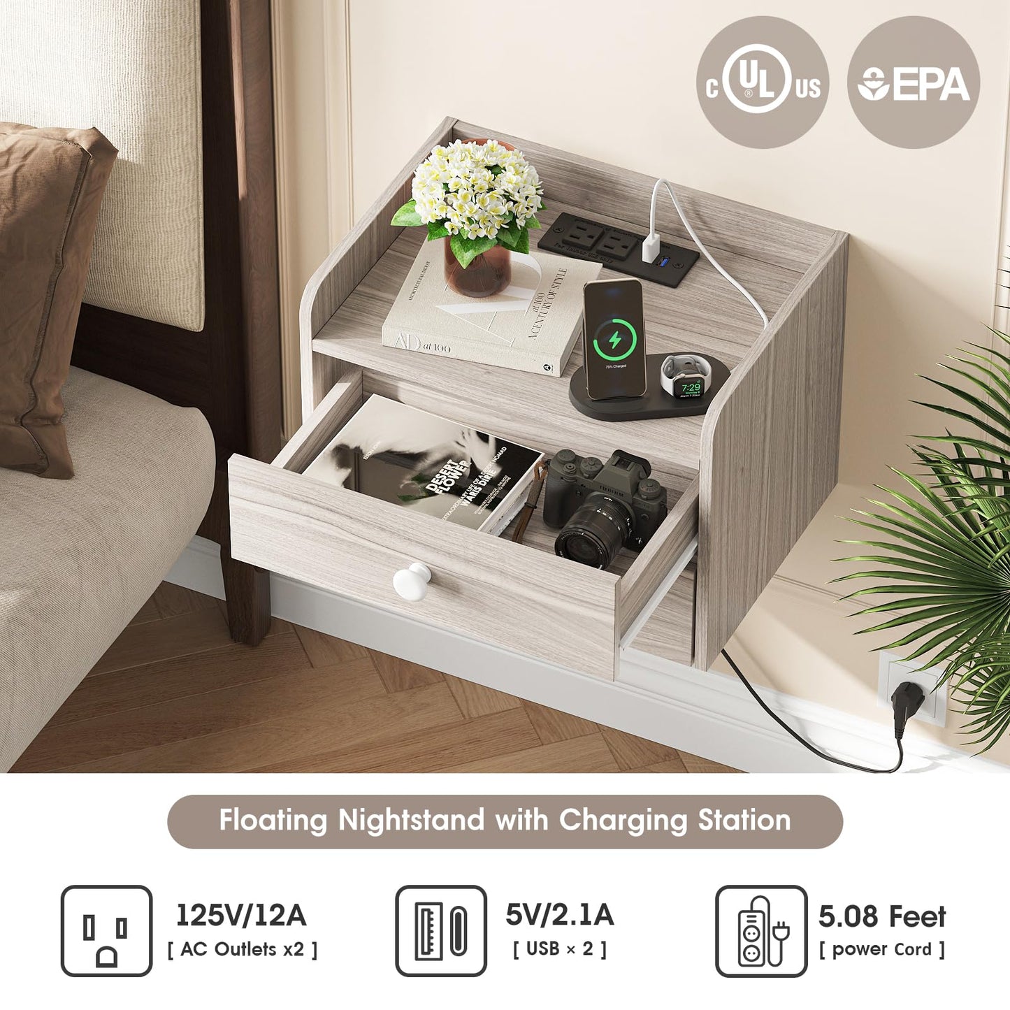 Vabches Floating Nightstand Set of 2 with 2 Storage Drawers and Charging Station Wood Wall Mounted Bedside End Table Modern Night Stands Set 2 for Bedroom,Small Space,Grey