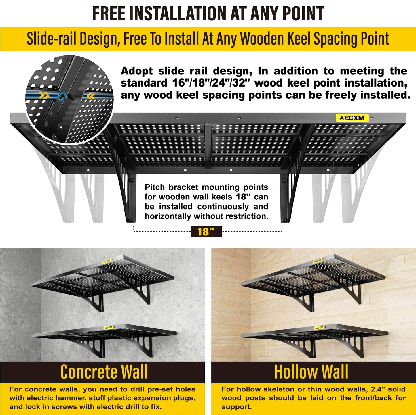 Aecxm 2-Pack 2x3ft Adjustable Garage Wall Shelving 560lbs Load Capacity Heavy Duty Wall Mounted Storage Shelf Metal Floating Shelves for Garage(Black)