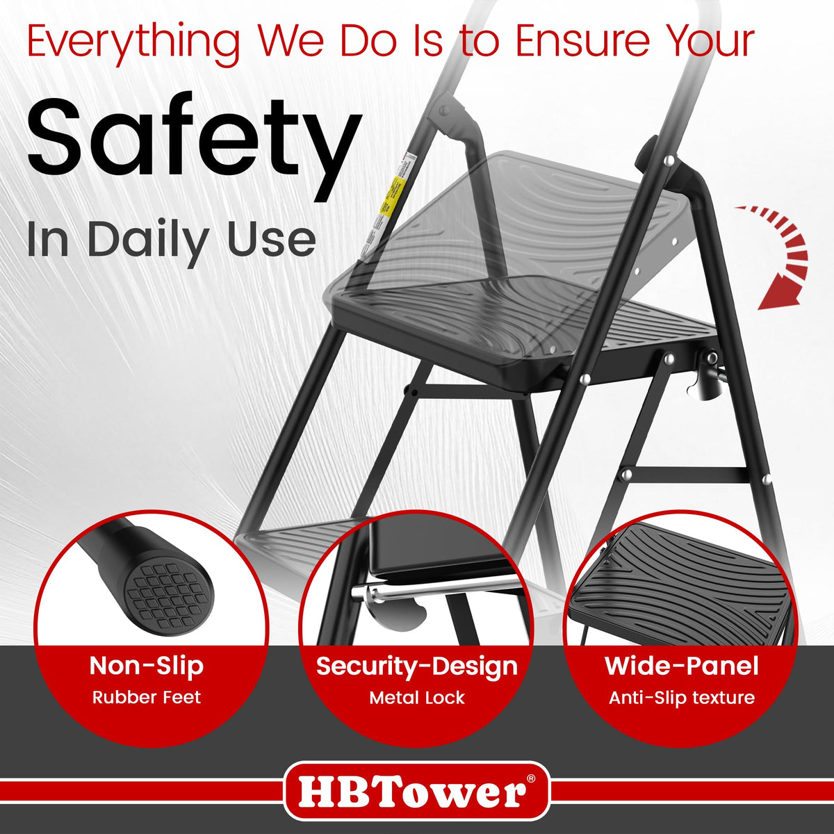 HBtower 2 Step Ladder, Step Stool with Wide Anti-Slip Pedal, Step Ladder Folding Step Stool for Adults, Lightweight Steel Portable ladders for Home Kitchen