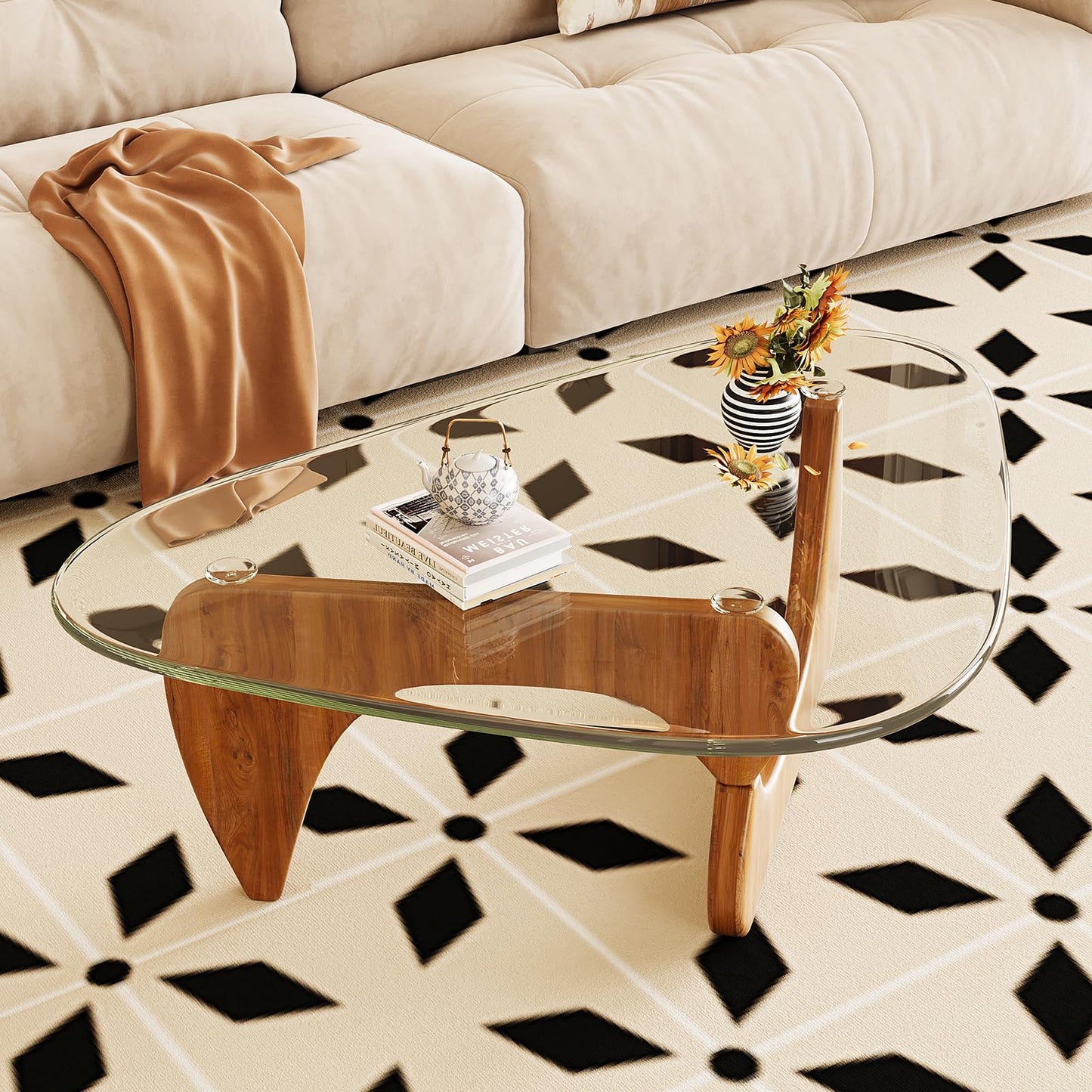 JCAJCA Coffee Table for Living Room Mid Century Modern Center Table with Glass Top and Wood,36 Inch, Transparent/Walnut