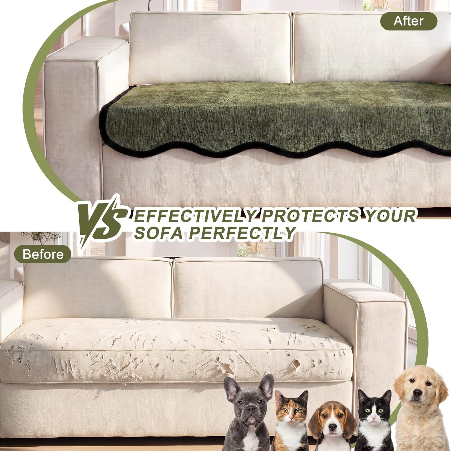 Breling Thick Chenille Sofa Cushion Pad 70×27.5 Inch Green Wave Edge Non-Slip Scratch-Resistant Pet Sofa Cover Machine Washable Furniture Protector for Living Room Couch