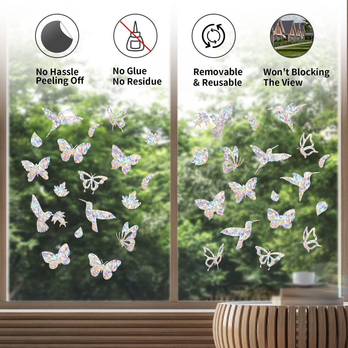 36 Pieces Window Decals for Bird Strikes, Window Clings Prevent Birds from Hitting Windows Suncatcher Stickers（Bird, Butterfly, Feather, Leaf