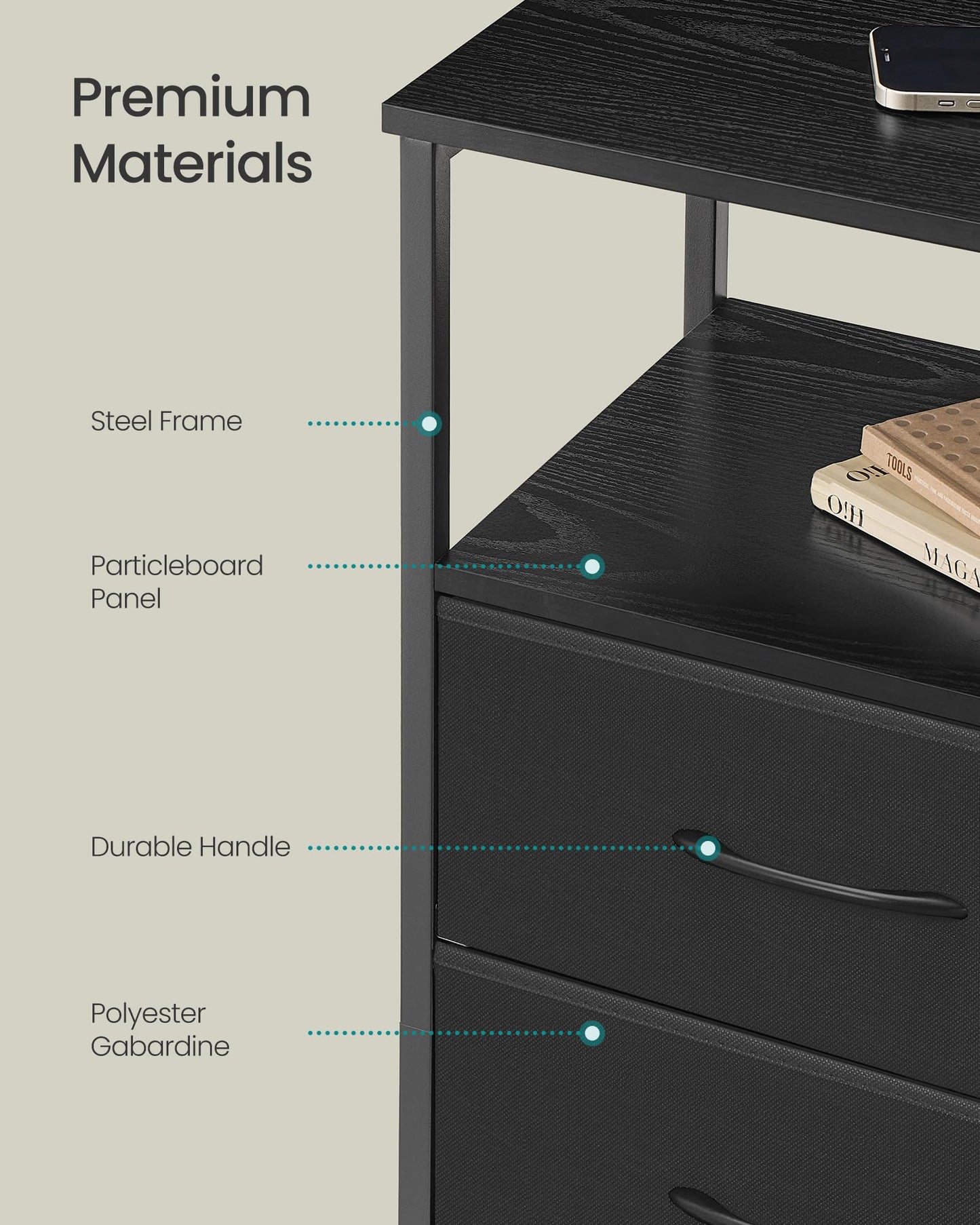 SONGMICS BELLAH Collection - Nightstand with Charging Station and App-Controlled Adjustable LED Lights, Bed Side Table, 2 Drawer and 1 Open Shelf, Bedroom, Ink Black and Ebony Black ULGS302BH01S