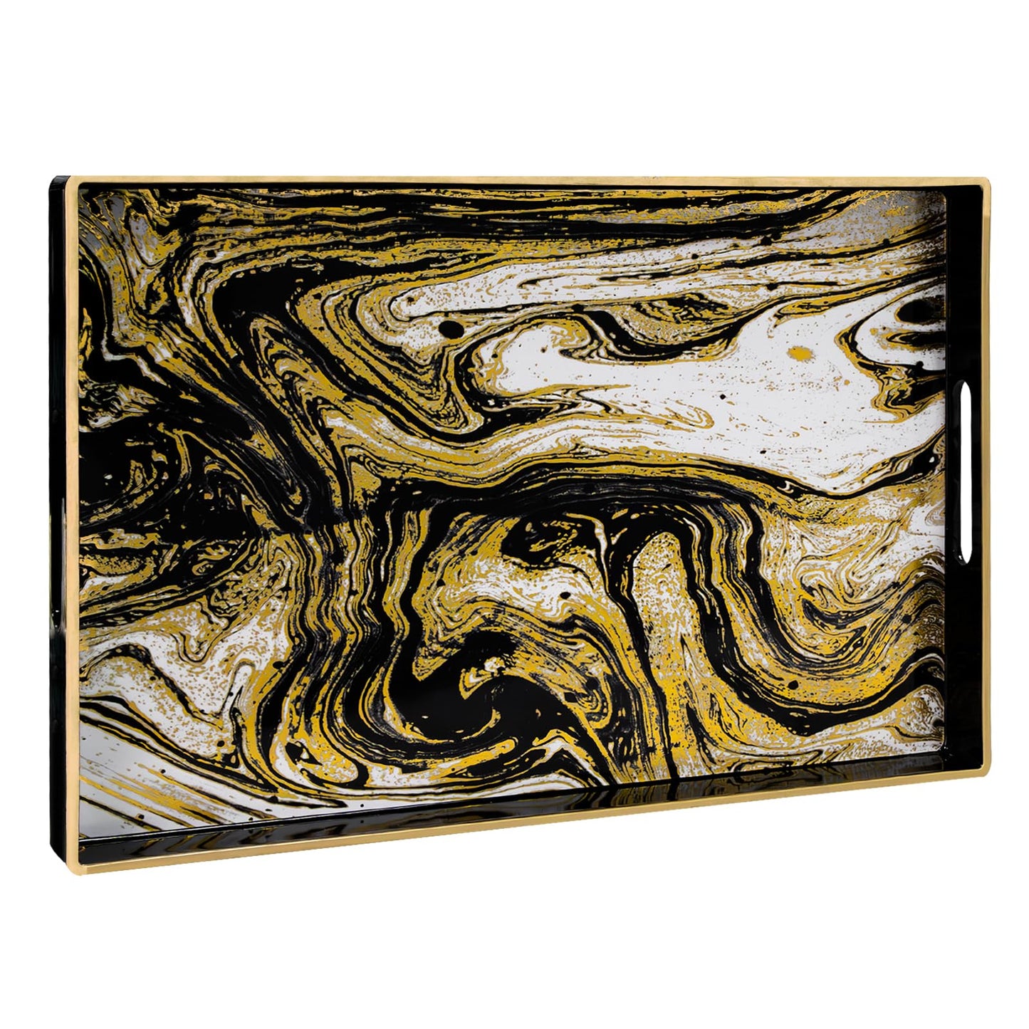 MAONAME Black Decorative Tray with Handles, Plastic Serving Tray for Coffee Table, Marbling Rectangular Trays for Ottoman, Bathroom, Storage, 15.7" Lx 10.2" W X 1.57" H