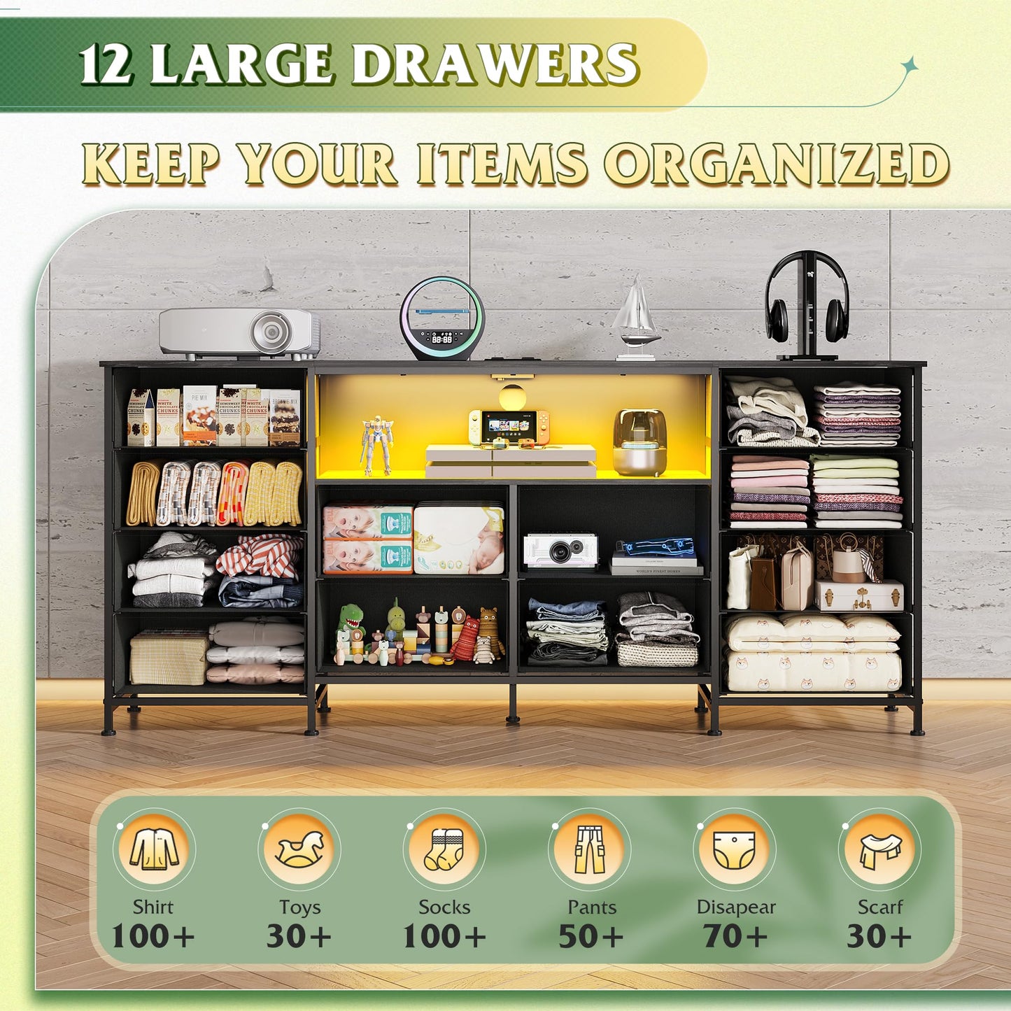 WLIVE 12 Drawer Dresser for Bedroom, Black Dresser TV Stand for 65, 70, 75 inch TV with Led Light & Charging Station, Wide Chest of Drawers with Open Shelves, Fabric Dressers for Closet, Living Room