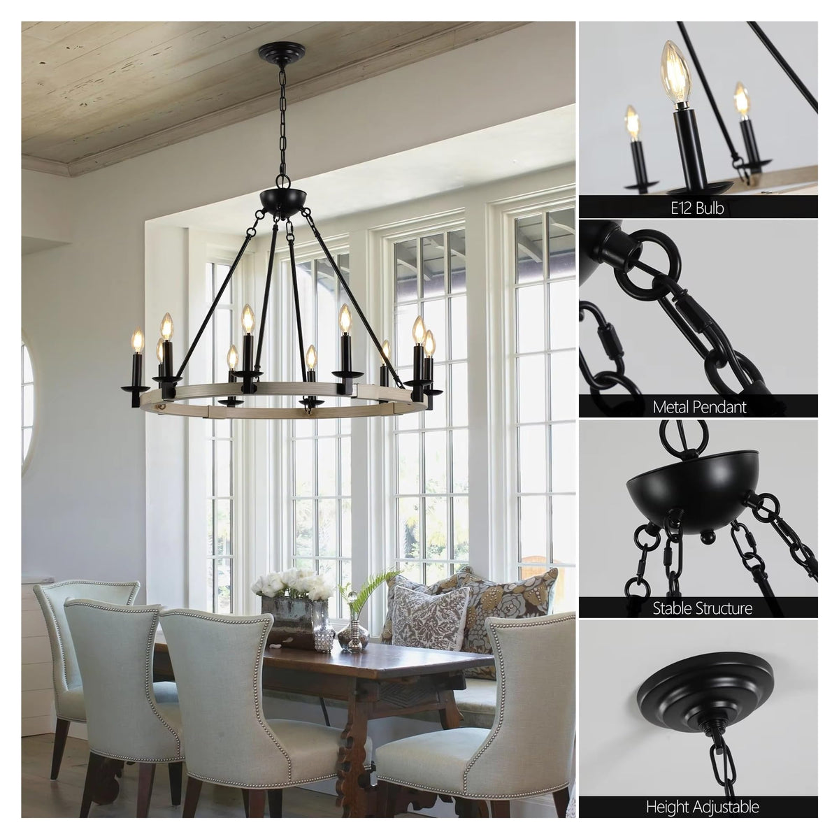 Rustic Farmhouse 10-Light Candle Chandelier, Black Metal and Wood Round Hanging Light Fixture, Adjustable Height,Comfortable Lighting