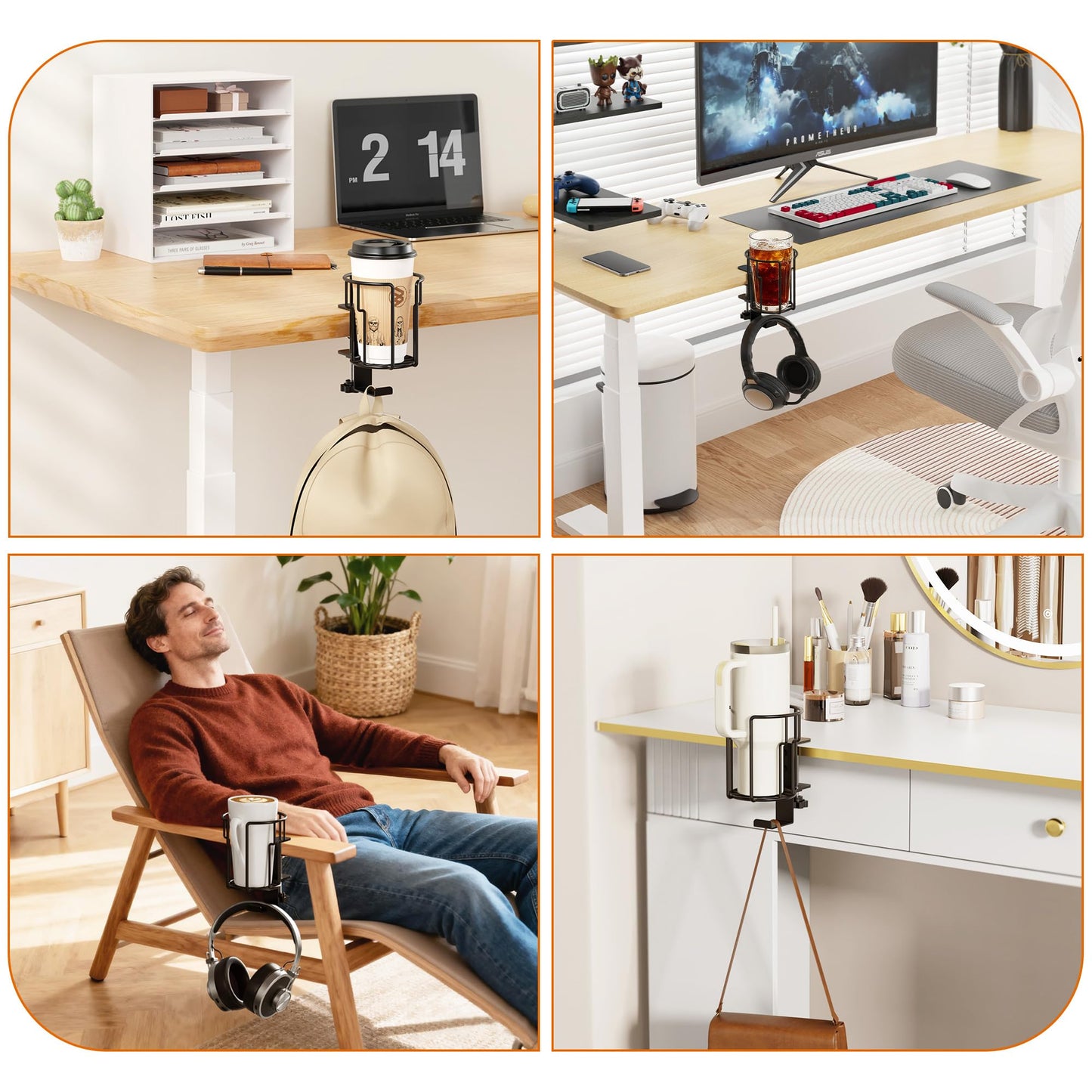 Large Desk Cup Holder, 2-in-1 Clip On Cup Holder with Headphone Hook, Heavy-Duty Metal Drink Holder for Insulated Tumblers, Big Water Bottles, Fits Office Desk Organizer, Dorm, Gaming Setup (1 Pack)