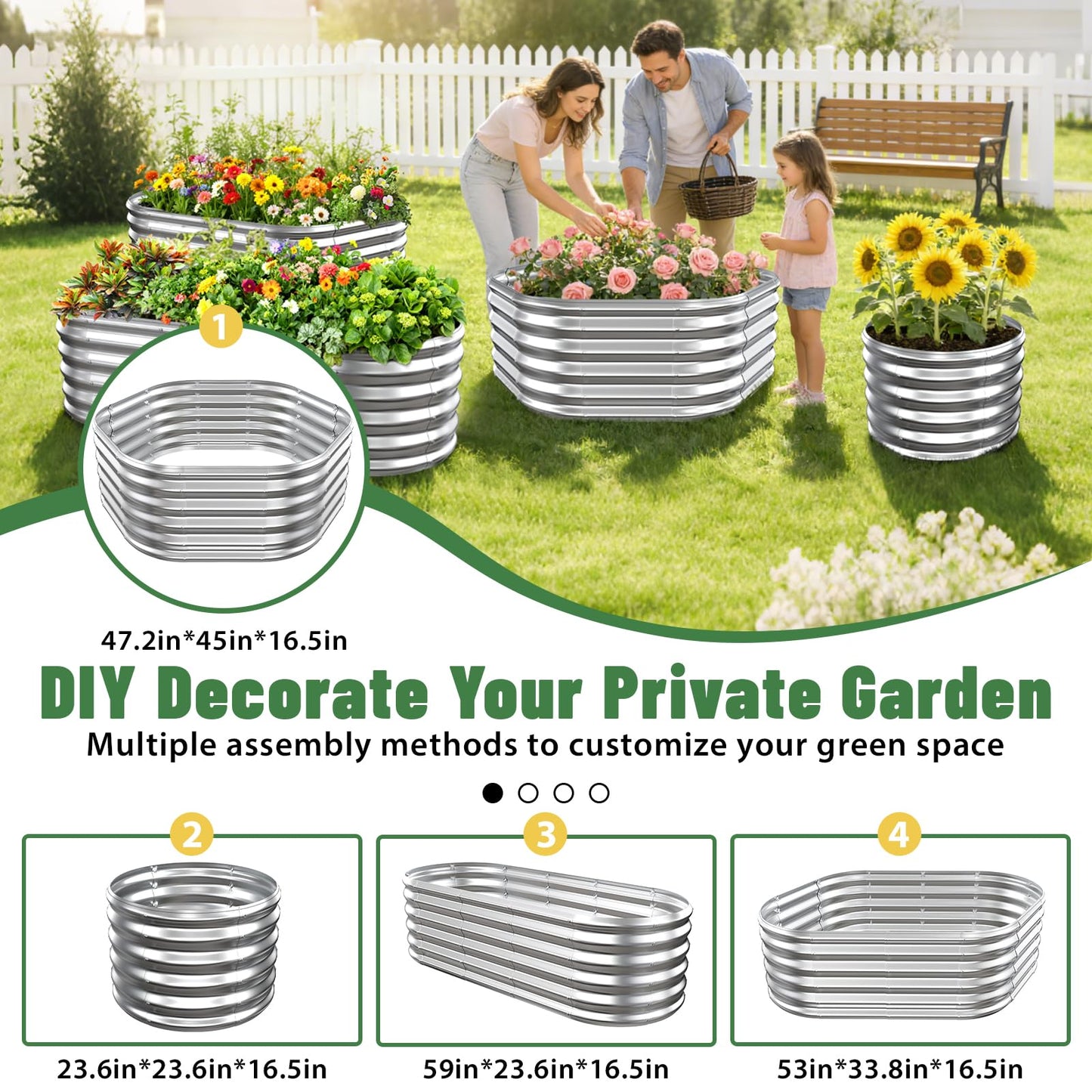 VAMFUTRE Hexagon Raised Garden Bed, 48 Inch Diagonal & 16.5 Inch Tall, Galvanized Steel Planter Box with Wave-Shaped Metal Panels for Outdoor Flower,Tree,Herb & Vegetable Garden (Silver, 4FT X 1.5FT)