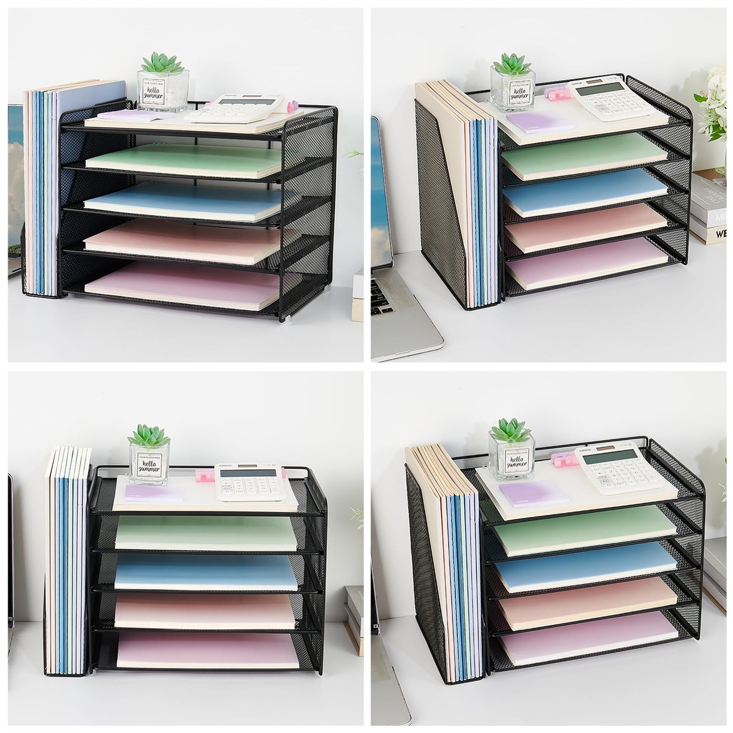 OPNICE Desk Organizers and Accessories, 5-Tier Paper Organizer Letter Tray with Magazine Holder, Office Desk Accessories & Workspace Organizers, Desktop File Organizer for Office Supplies, Black