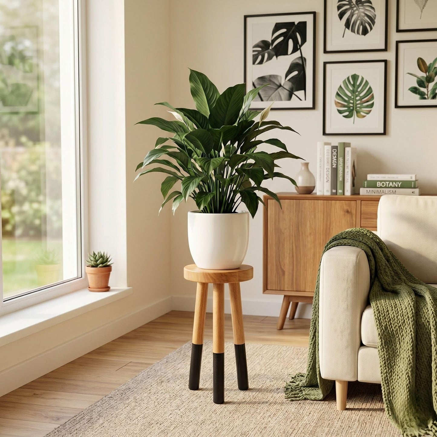 JOLLYMER Rubber Wood 9" Round Plant Stand |Dip Dyed Black Accent Stool |Small Drinking Table |Side Table(18" H)
