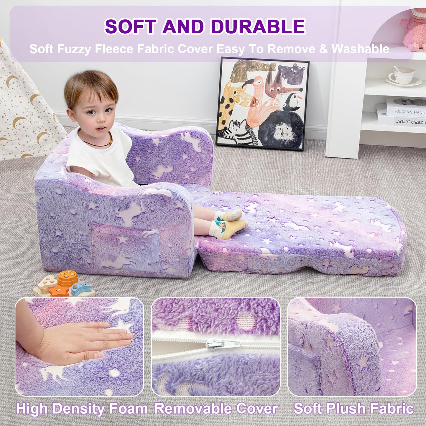 Airpanda Comfy Kids Chair and Couch with Blanket,2-in-1 Soft Fold Out Couch for Girls and Boys,Convertible Sofa Chair for Playroom,Purple Pony