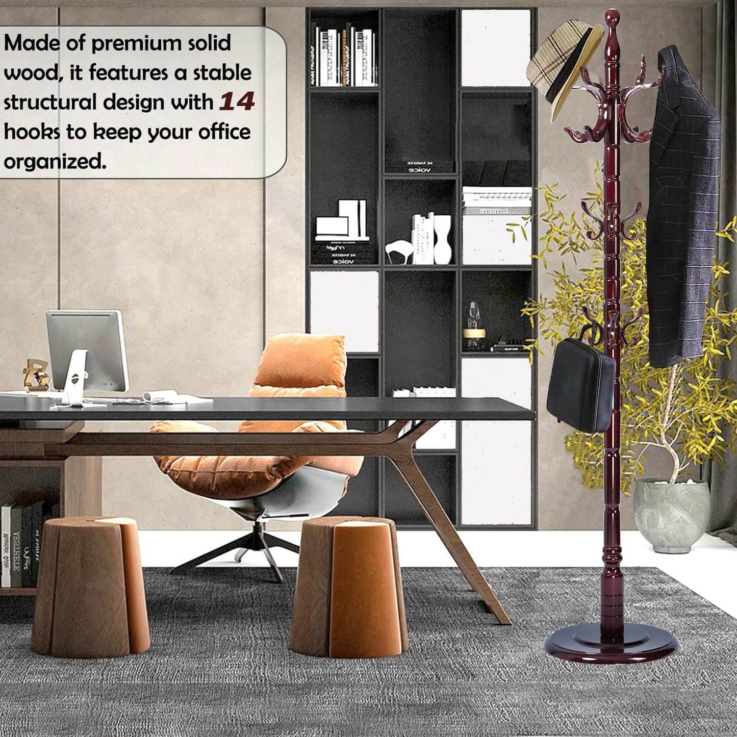 Sauqzoh Coat Racks Free Standing with 14 Hooks, Natural Wood Coat Stands for Entryway, Adjustable Height 72 in Tree Coat Rack Stand for Hallway Home Office Bedroom (Mahogany Phoenix)