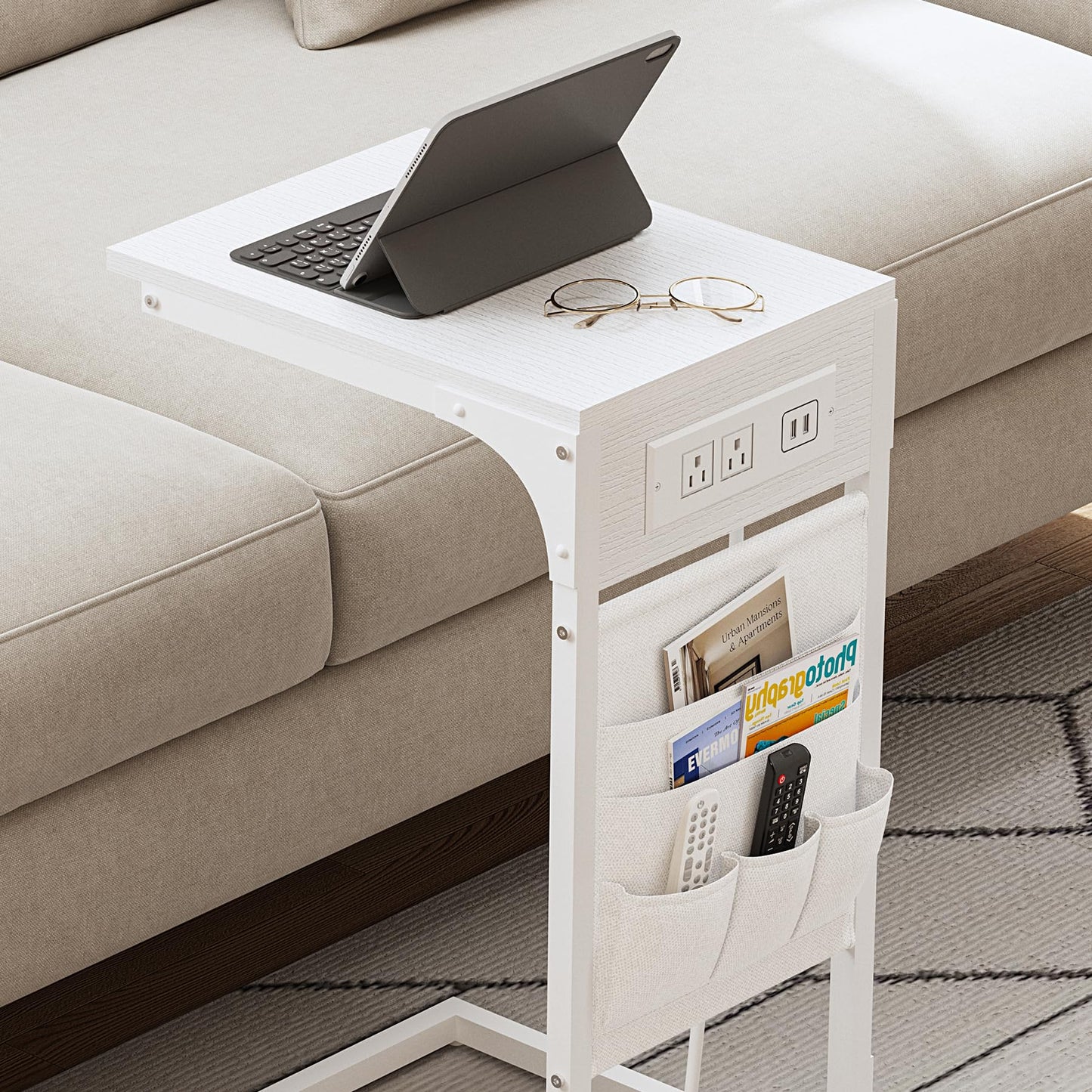 TUTOTAK C Shaped End Table with Charging Station, Side Table for Sofa, Couch Table with Storage Bag, TV Tray Table with 2 USB Ports and Outlets for Living Room, Bedroom, White TB01BW024