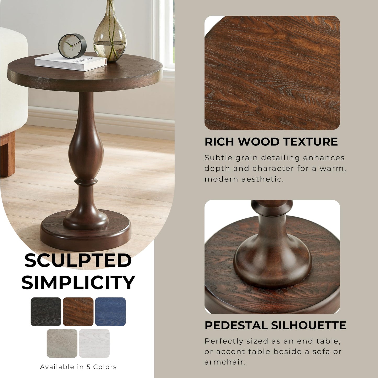 Roundhill Furniture Solmere 22" Round Wood Pedestal End Table, Espresso