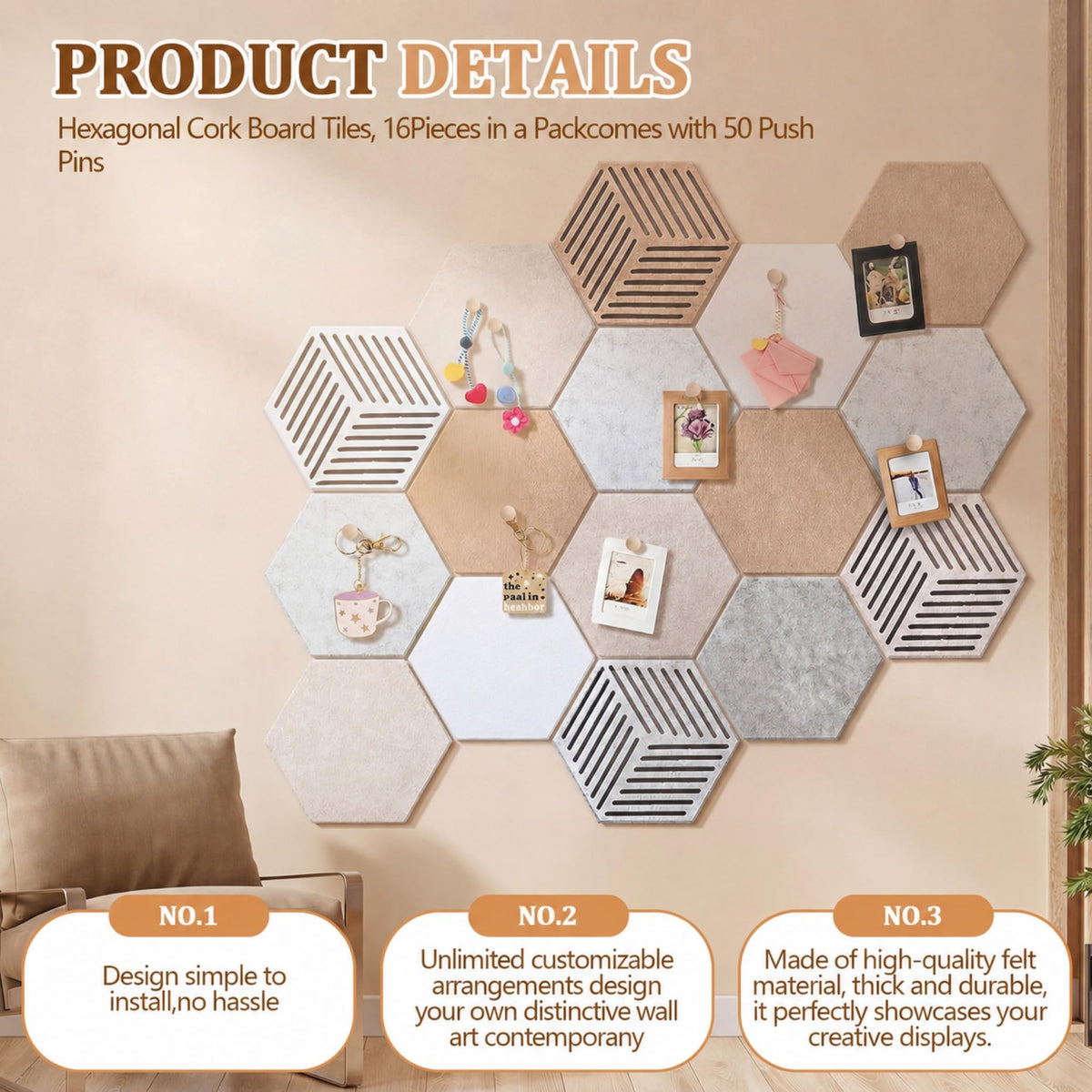 Mindsoft 16 Pcs Hexagon Cork Board Tiles for Wall Decor, 7x6 Inch Self-Adhesive Corkboard Tiles with 50 Pins, Hexagon Pin Board for Home Office Classroom Notes Photos DIY Decor