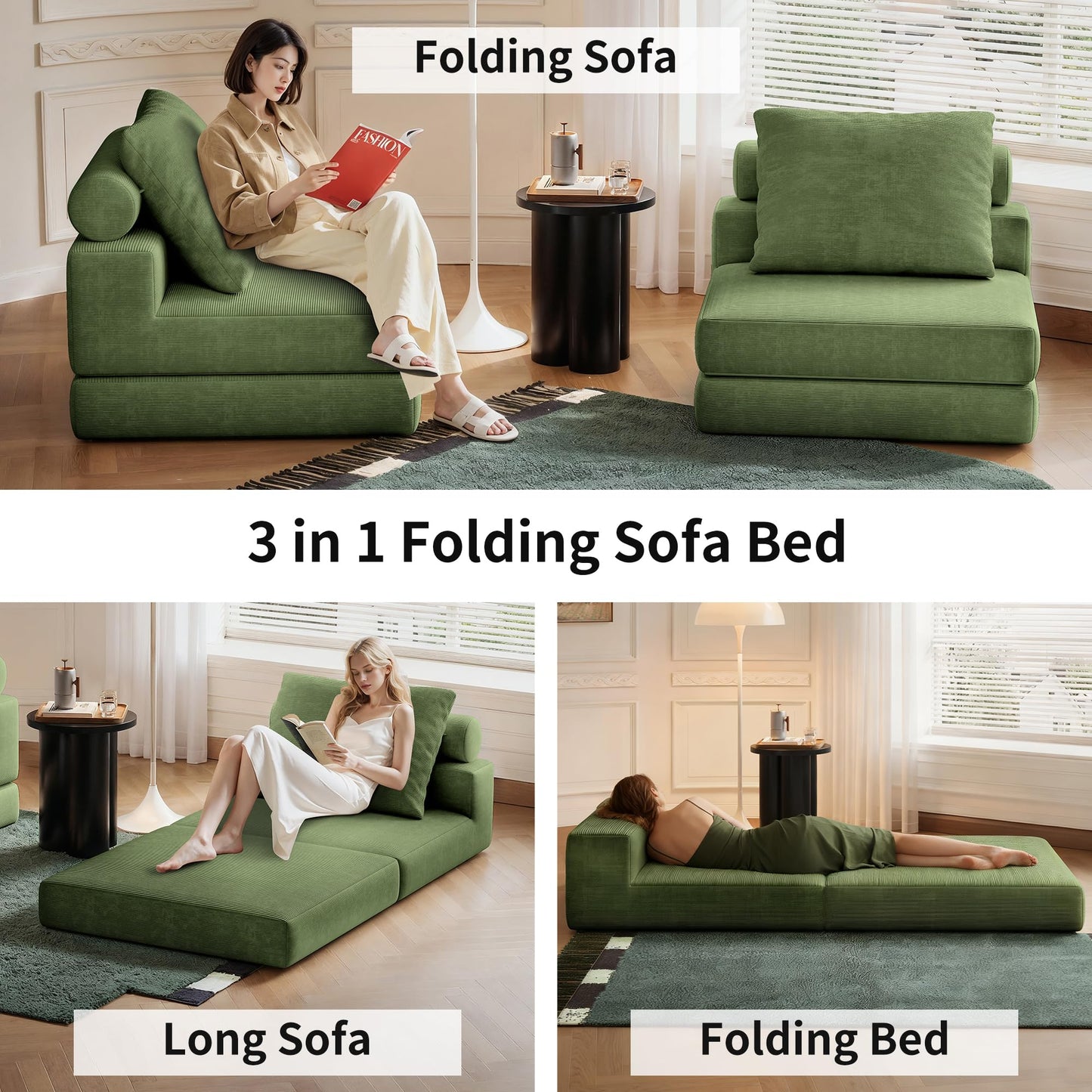 Lumbershed Folding Sofa Bed, 3-in-1 Convertible Sleeper Chair Bed with Pillows, Foldable Floor Couch with High-Density Foam, Futon Small Boneless Couch for Living Room Bedroom Lounge, Single, Green