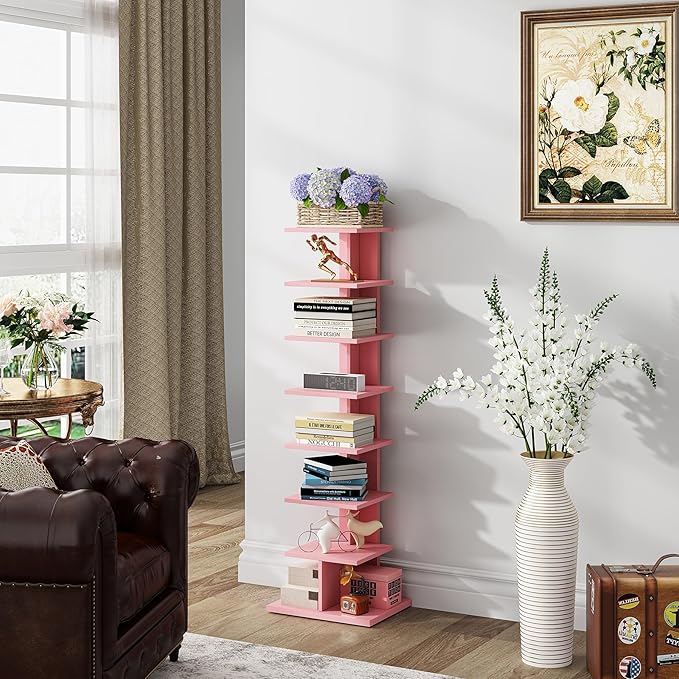 TUTOTAK Bookshelf, 8-Tier Bookcase, Narrow Spine Book Shelf