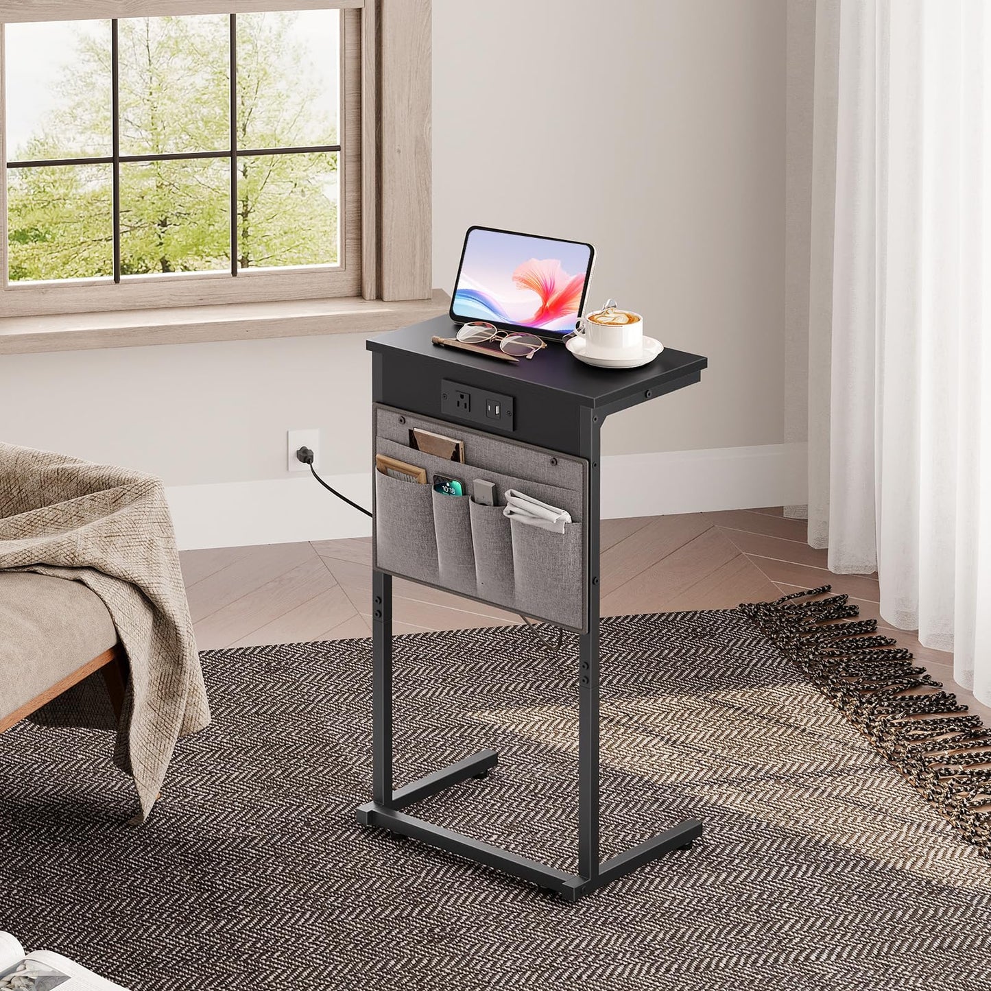 HOOBRO C Shaped End Table with Charging Station, 28" H Couch Side Table Slide Under, Sofa Arm Tray Table with Storage Bag for Living Room, Recliner, Black BB70USF01
