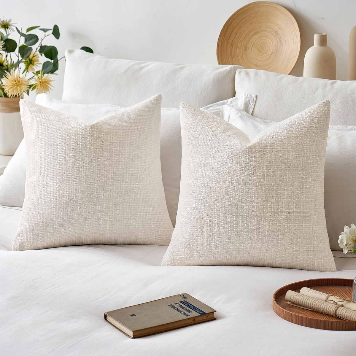 MIULEE Burlap Linen Throw Pillow Covers 18x18 Inch Set of 2 Cream White Christmas Decorative Pillows Modern Farmhouse Soft Accent Cushion Covers for Couch Sofa Bedroom Livingroom Home Decor