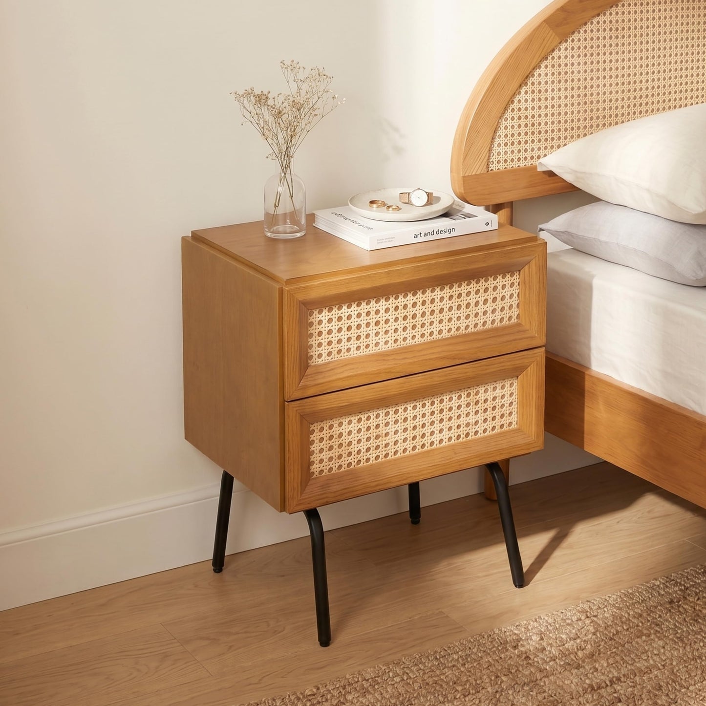 NTC Solid Oak Drawer Face Lulu Nightstand with Natural Rattan Drawer, Mid-Century Side Table for Bedroom, Bedside Furniture, End Table – Waterproof, Heat Resistant, Easy to Assemble – Rustic Oak