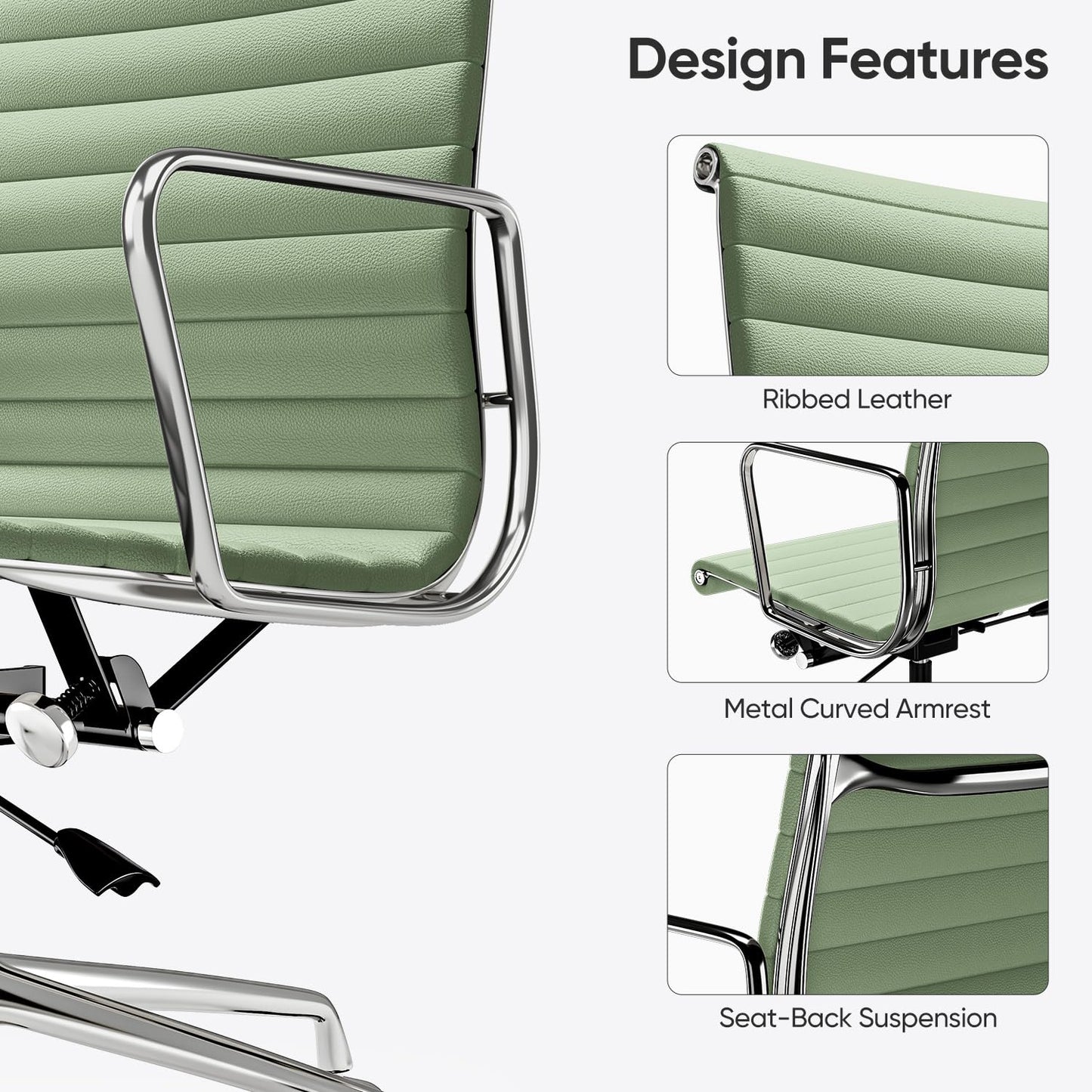OTDMEL Ribbed Office Chair with Top Grain Leather - Mid Back Ergonomic Desk Chair with Aluminum Arms & Frame, Swivel Wheels & Tilt Function, Adjustable Height Light Green