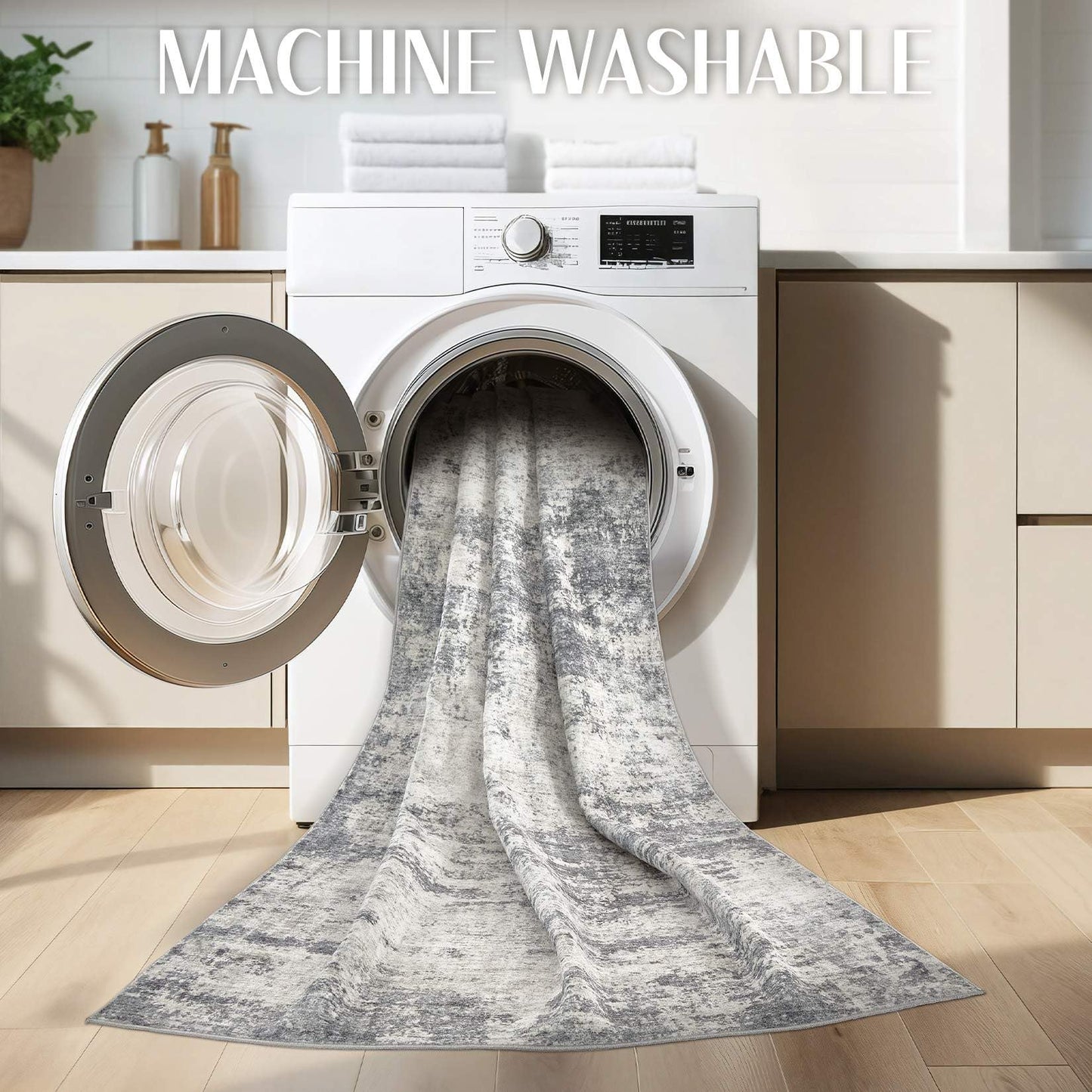 TARANCH Abstract 6x9 Area Rug: Machine Washable Non Slip Ultra Thin Low-Pile Carpet, Soft Stain Resistant for Living Room Bedroom Nursery, Kid Pet Friendly, Robot Vacuum Compatible - Grey Beige