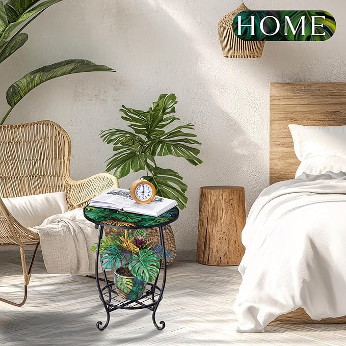 Cinnvoice Outdoor Side Table Round Small Mosaic Patio Accent Indoor End Plant