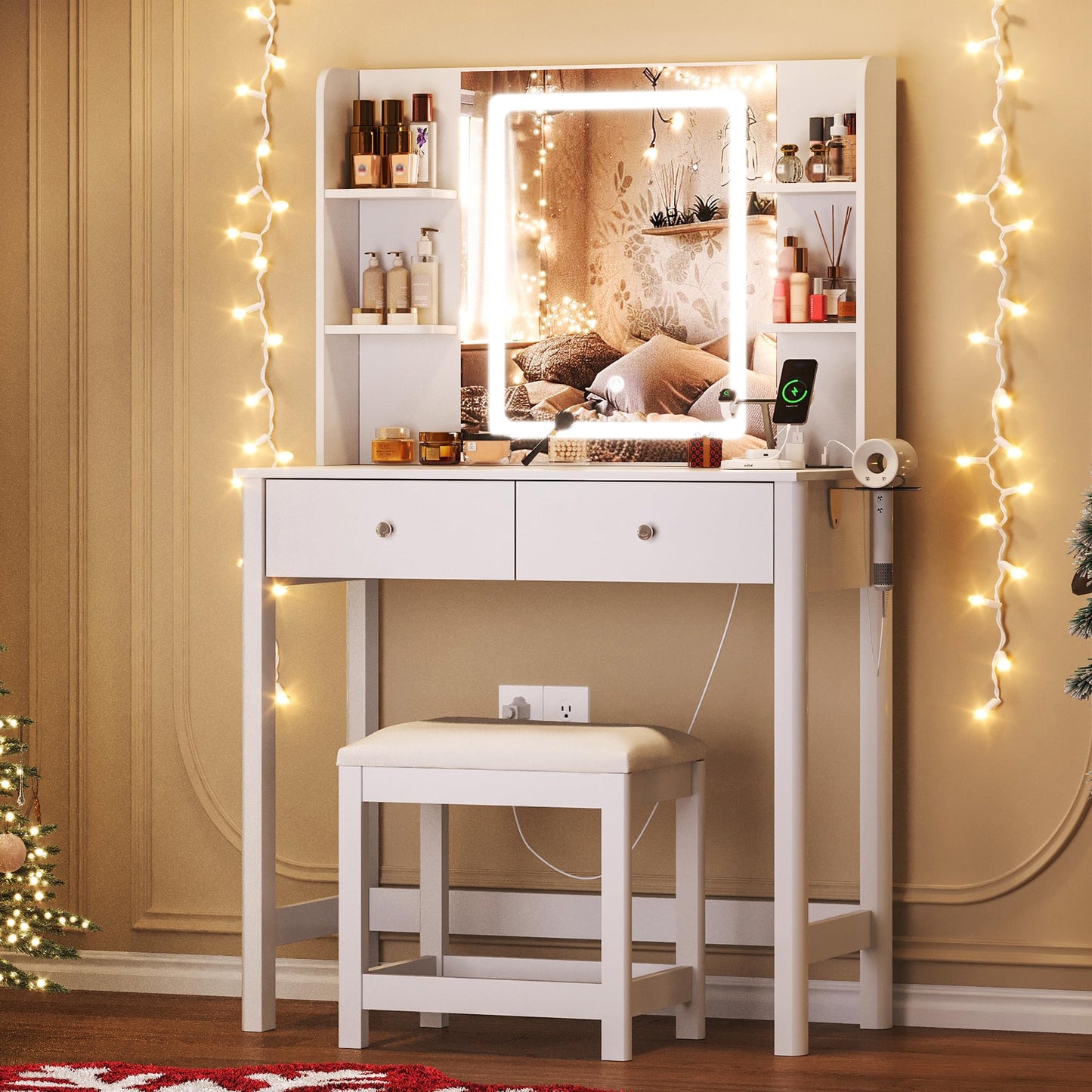 ProsperHaven Vanity Desk with Mirror and LED Lights, Small Makeup Vanity Table Set with Drawers and Chair, Dressing Table with Power Outlet for Girls Bedroom, White