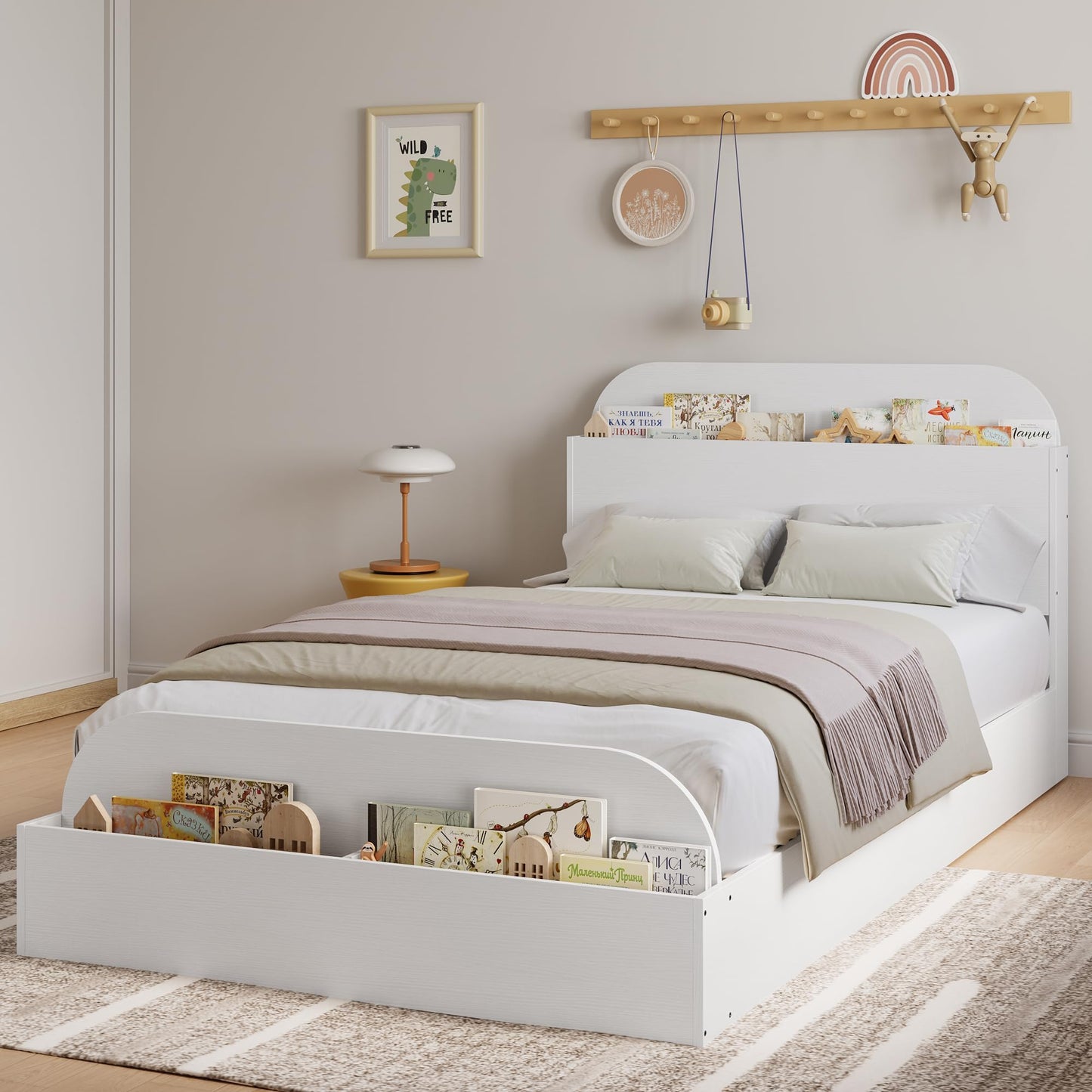 Garvee Twin XL Size Bed Frame with Storage Headboard and Raised Footboard – Wooden Twin-Floor Low Platform Bed for Kids, Heavy Duty & Noise Free, No Box Spring Needed, White