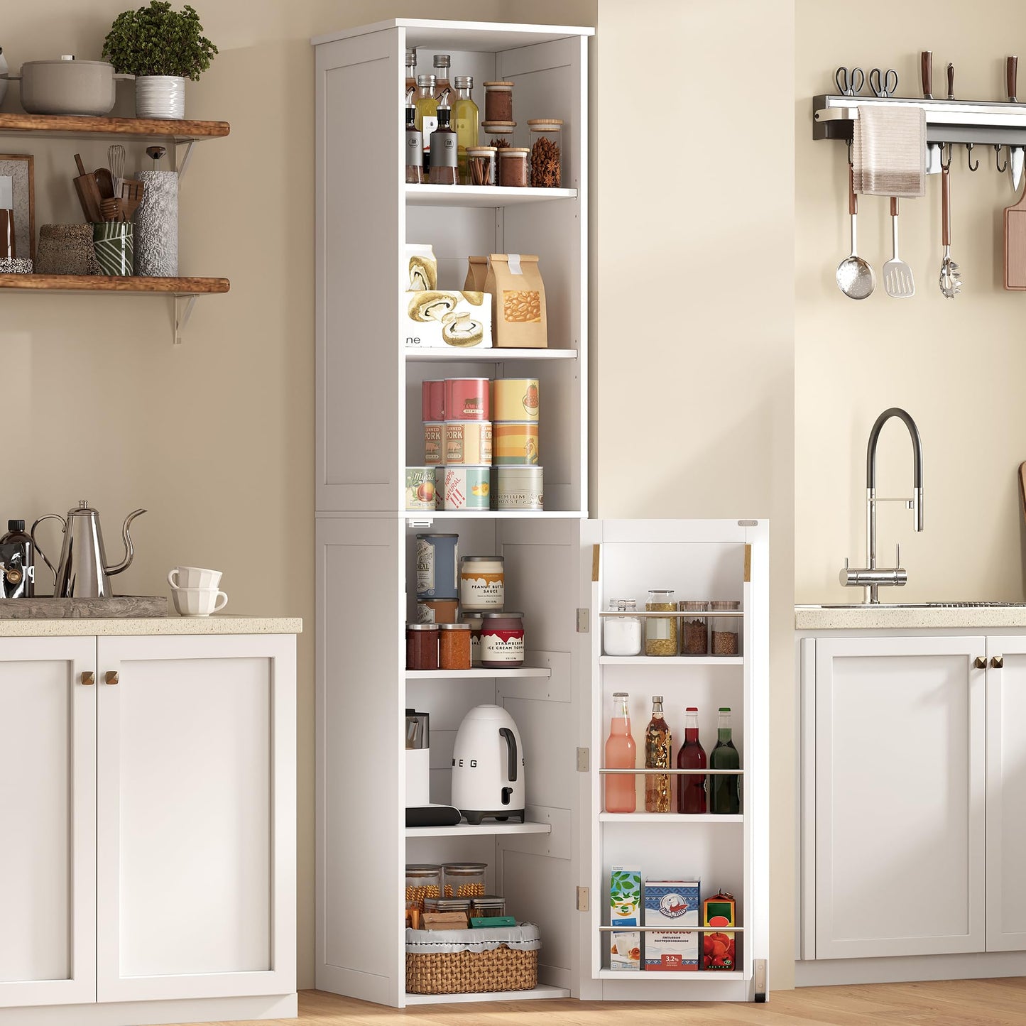 ChooChoo Narrow Kitchen Pantry Storage Cabinet, Slim Storage Cabinet with Adjustable Shelves and Open Shelves, Tall Freestanding Pantry Cabinet for Small Spaces, Kitchen, Dining Room, Bathroom, White