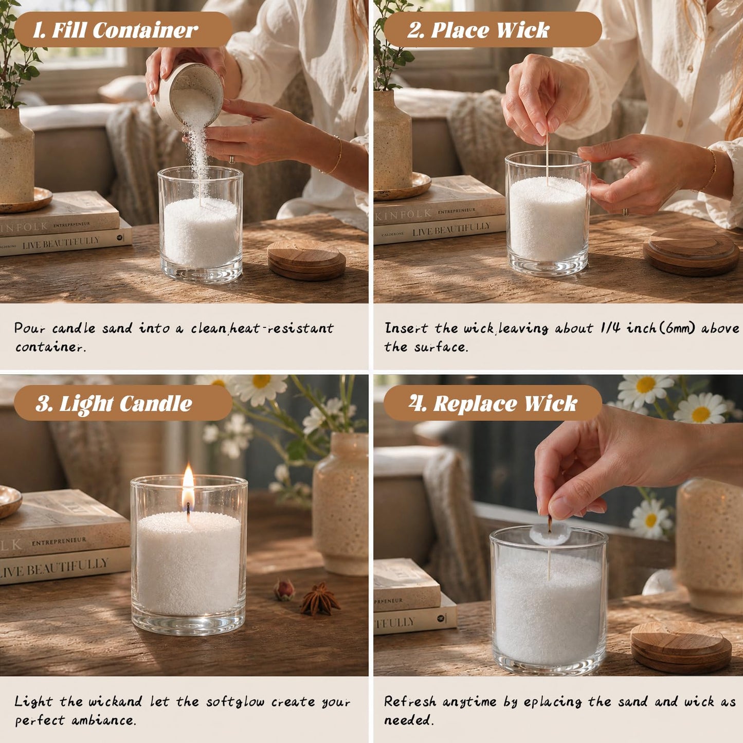 ENCANLIGHT Pearled Candle Sand for DIY Candles with 20 Cotton Wicks 2LB/32Oz Unscented Candle Sand Reusable, Continuous Burning