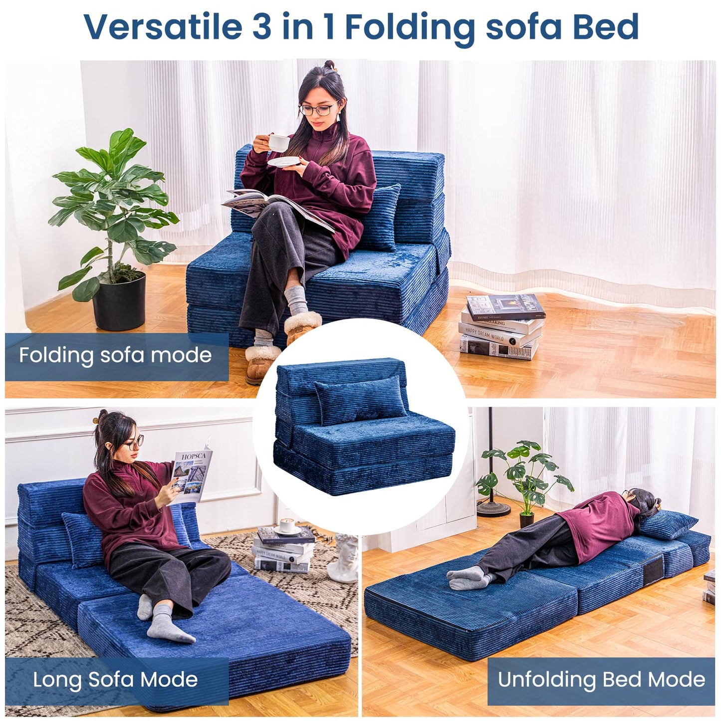 Cvortll Folding Sofa Bed, Convertible Sleeper Chair with Pillow, High Density Memory Foam Fold Out Couch, Foldable Mattress Futon Sofa for Living Room/Dorm/Guest Use/Apartment/Home Office