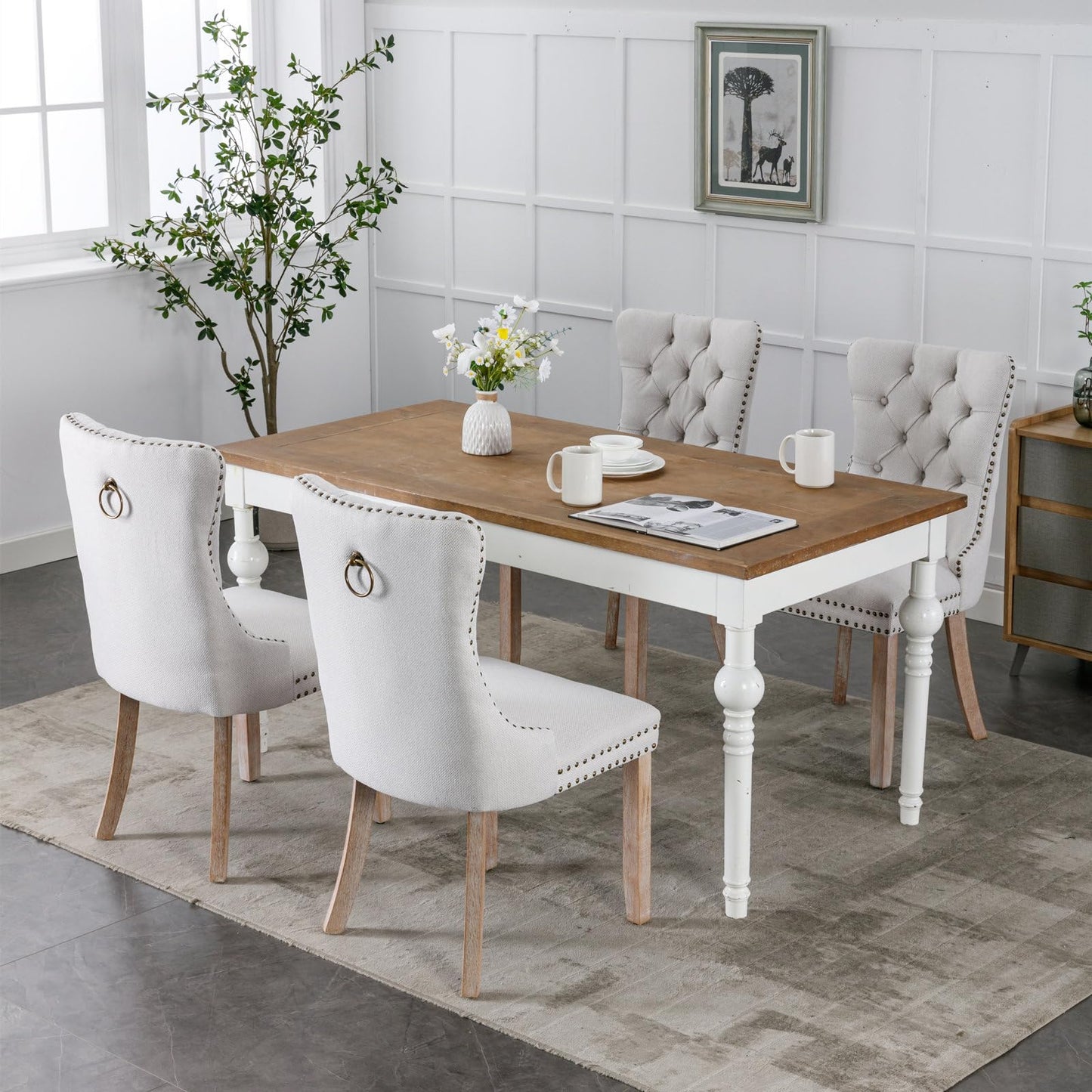Ball & Cast Contemporary Upholstered Dining Chairs Set of 2, Button Tufted Kitchen Side-Chairs with Hang Ring & Nailhead Trims & Solid Wood Legs, 2-Piece Backrest Traditional Chair, Linen Beige