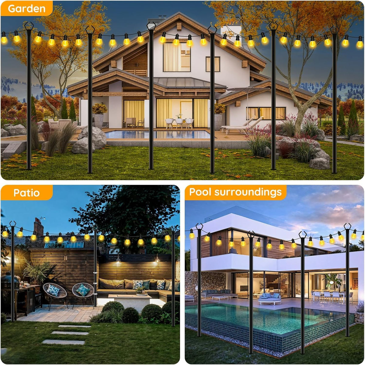 AHRLHR 6 Pack String Light Poles, Outdoor String Light Pole 10 ft Forked Metal Light Pole with Adjustable Outdoor Light Stand, Deck, Backyard, Garden, Wedding, Rustproof and Sturdy with Hooks.