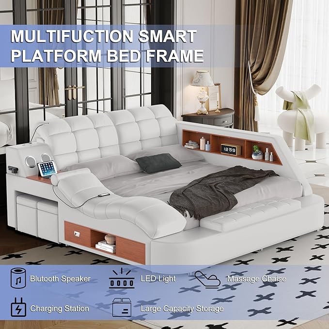 Luxury Smart King Bed Frame, Leather Headboard/Strong Wooden Slats