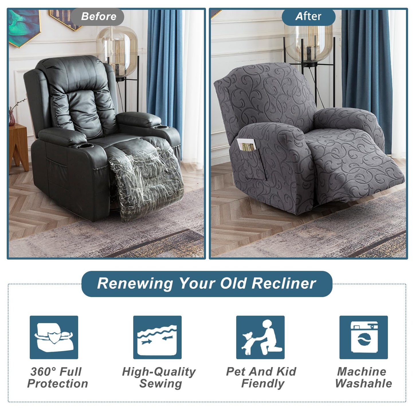 YUEANG 4 Pieces Recliner Cover Stretch Sofa Slipcover, Sofa Couch Cover for Reclining Couch 1 Seat, Washable Furniture Protector with Elastic Bottom for Kids, Dog