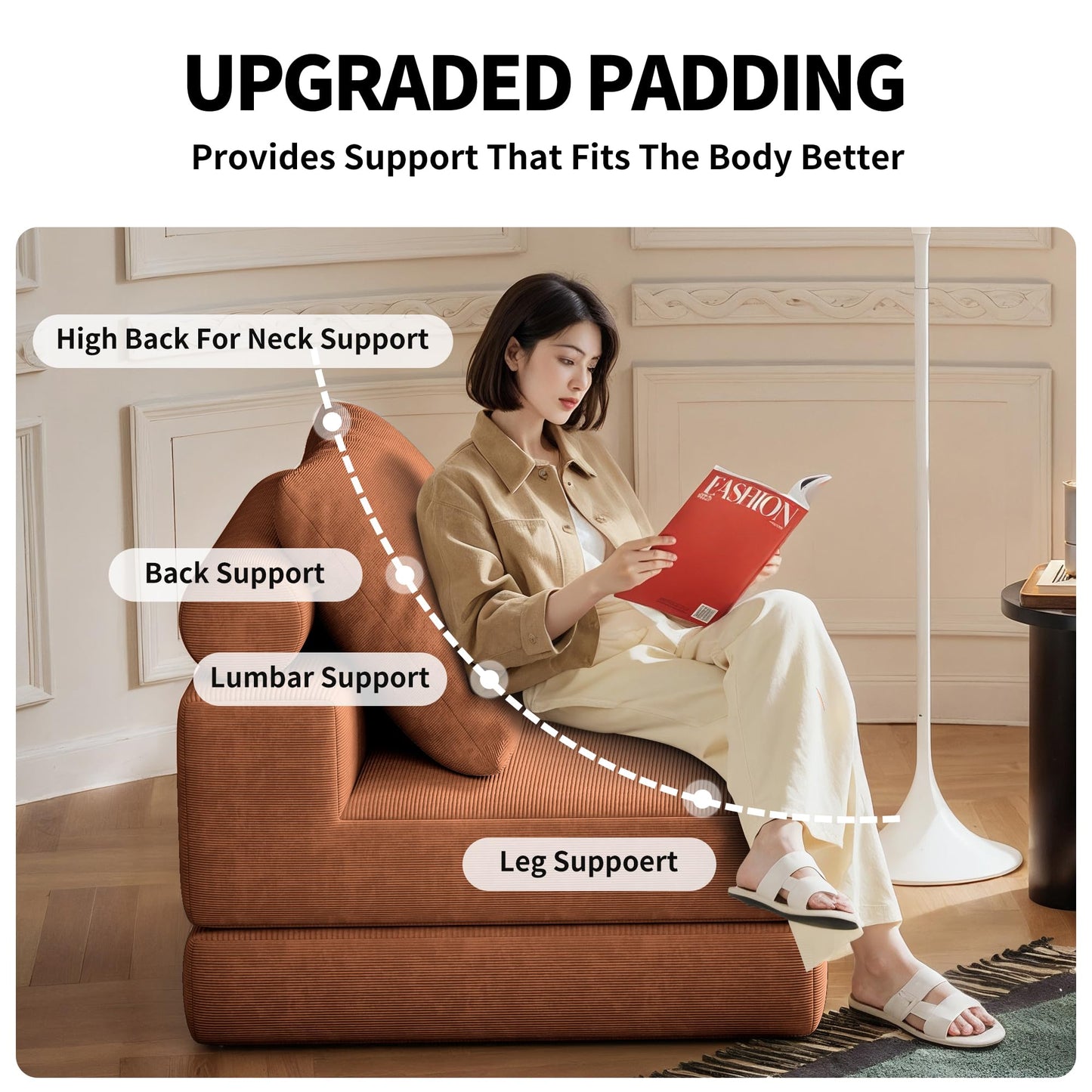 Lumbershed Folding Sofa Bed, 3-in-1 Convertible Sleeper Chair Bed with Pillows, Foldable Floor Couch with High-Density Foam, Futon Small Boneless Couch for Living Room Bedroom Lounge, Single, Brown