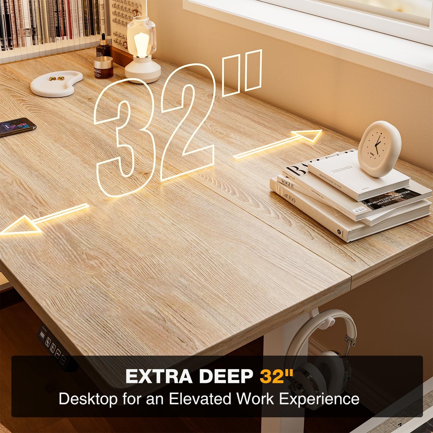 Grandder 55x32 Large Electric Standing Desk, Height Adjustable Computer Desk with 2 Memory Presets, 31.5" Deep Desktop Sit Stand Desk Home Office Desk Workstation Table with Hooks, Maple