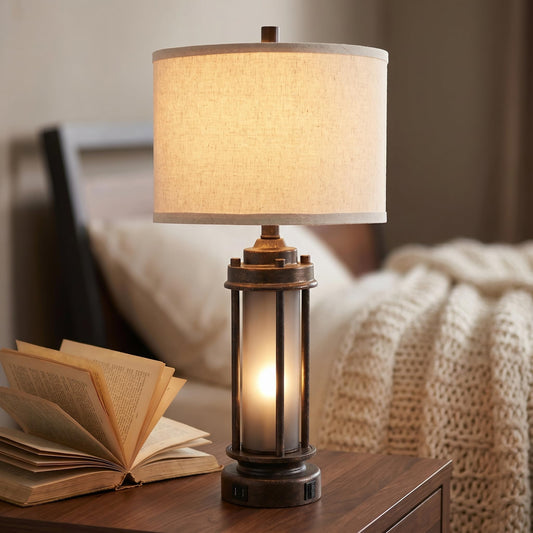 AIEAMPDO 25" Farmhouse Lamps for Living Room with 2 USB C+A Ports