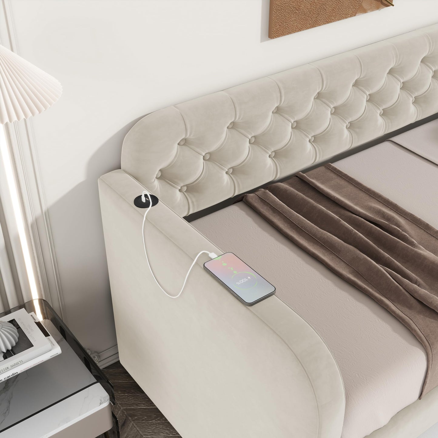 KEIKI Twin Upholstered Daybed with Trundle & USB Charging, Plush Velvet Button-Tufted Headboard Twin Bed Frame with Wood Slats, Sofa Bed for Living Room or Bedroom, Light Beige